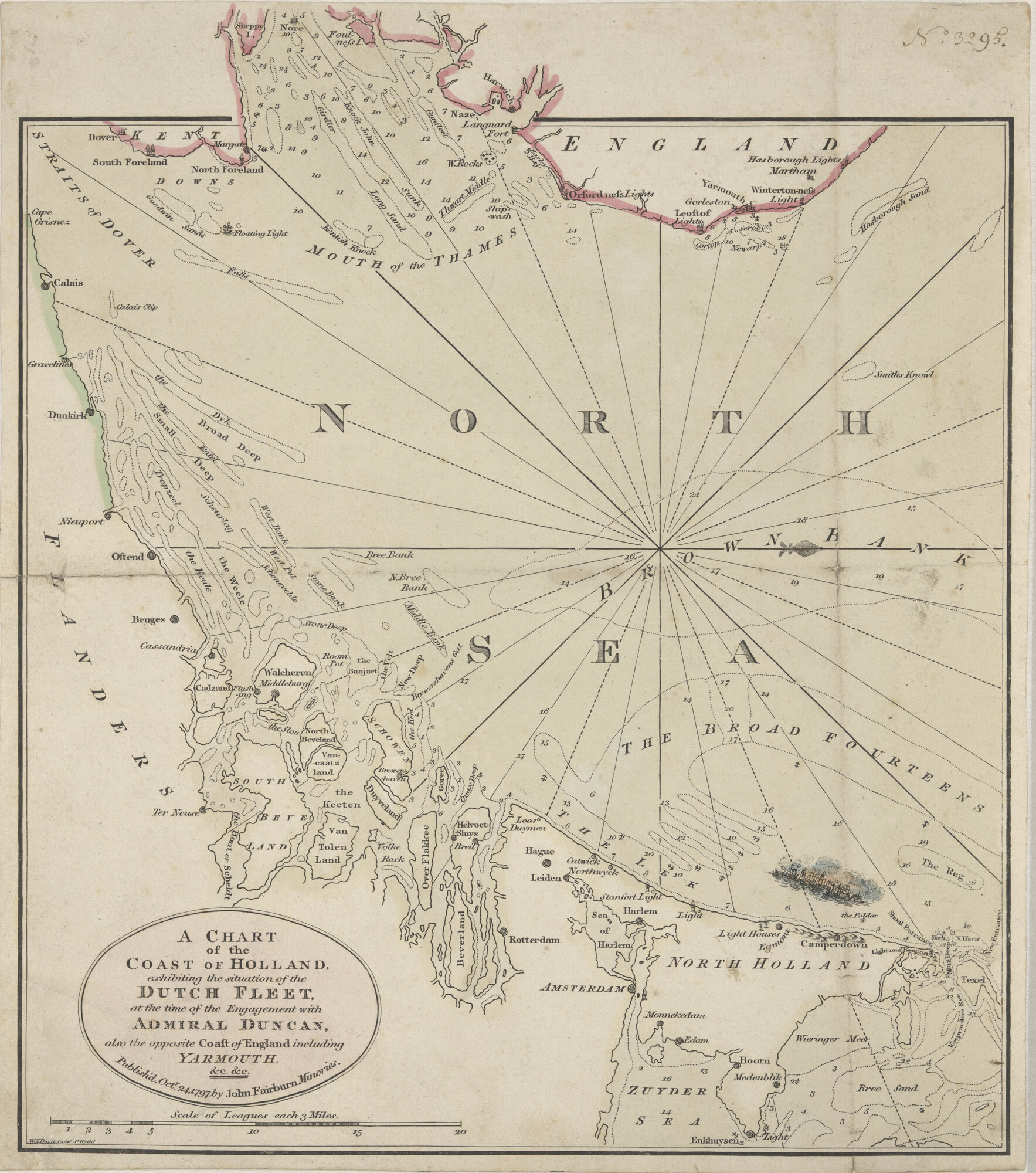 A.0226(03); Met de hand gekleurde kaart van een deel de kust van Nederland en een deel van de oostkust van Engeland; zeekaart