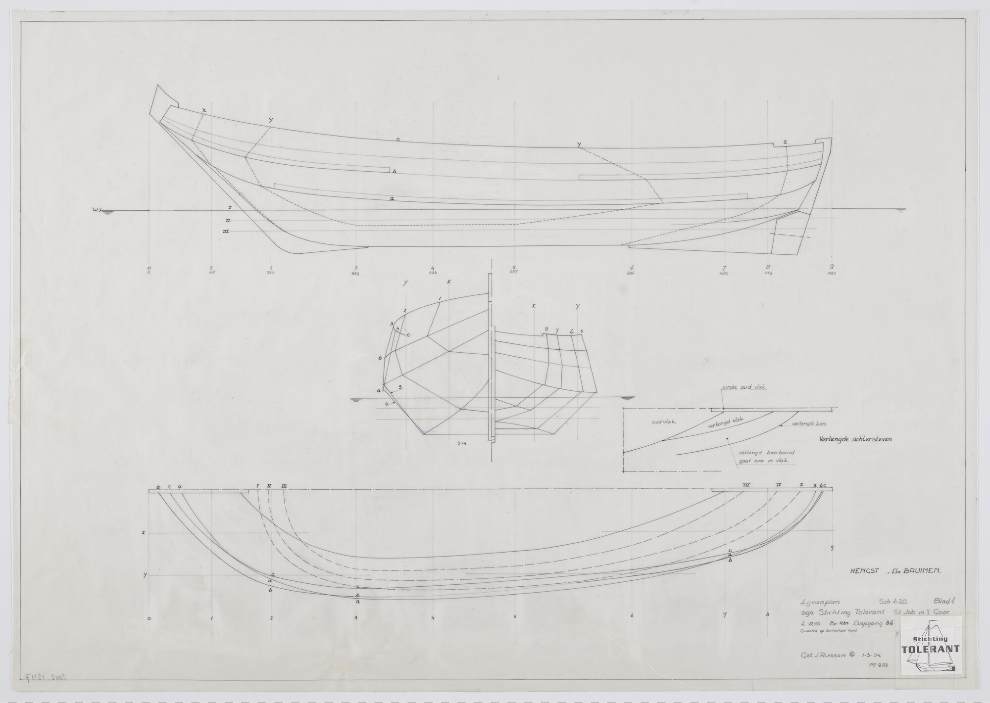 2012.1347; Lijnenplan van de hengst 'D'n Bruinen' van 12.80 meter; technische tekening