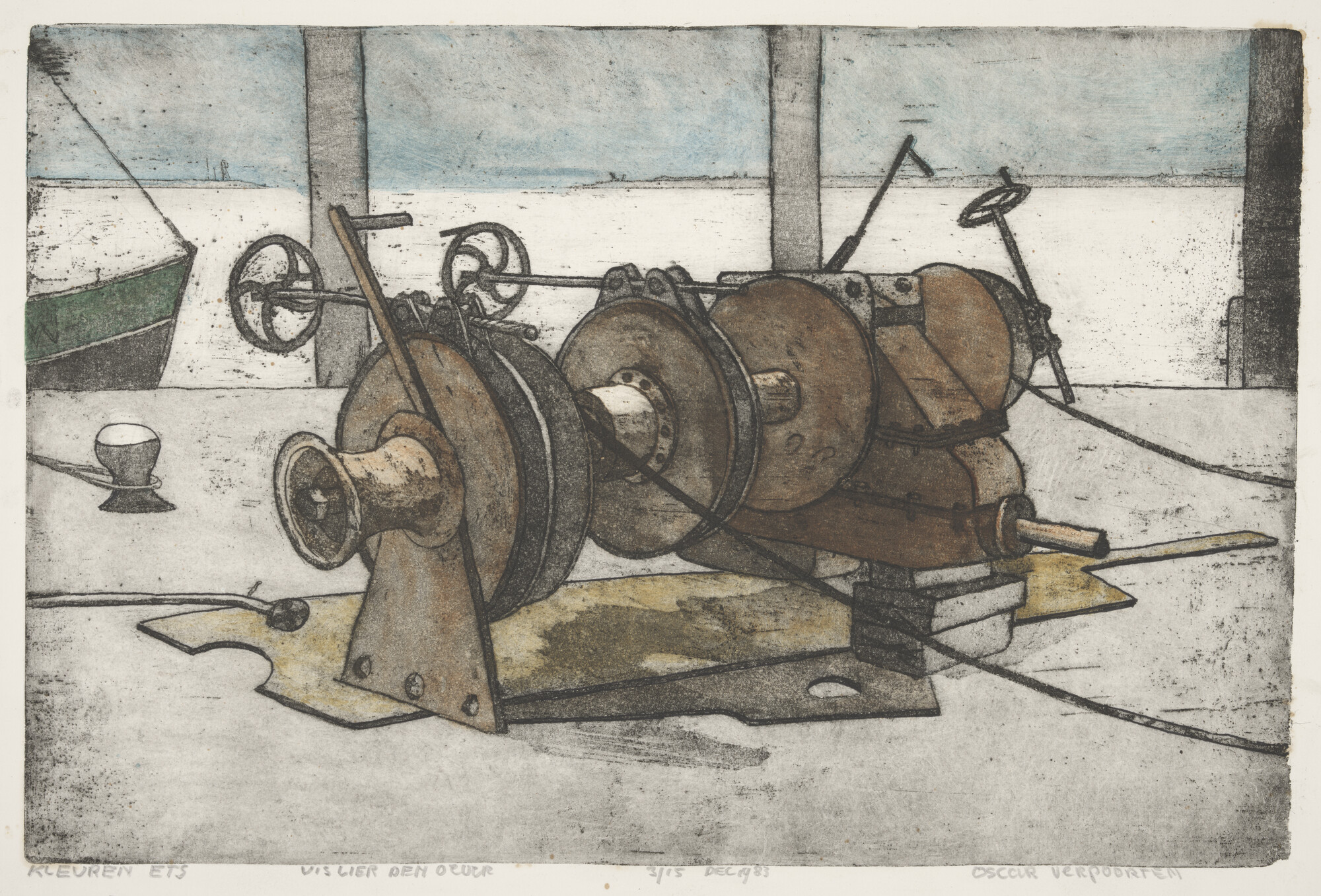 A.5589(02); Een vislier op de kade van Den Oever, december 1983; prent