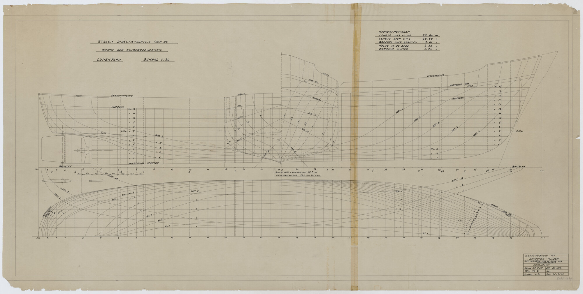 2005.1934; Lijnenplan van het directievaartuig "Breezand"; technische tekening