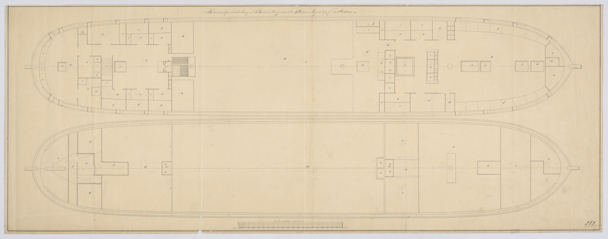 S.1214(0205); Indelingsplan van het raderstoomschip Zr.Ms. 'Cerberus'; technische tekening