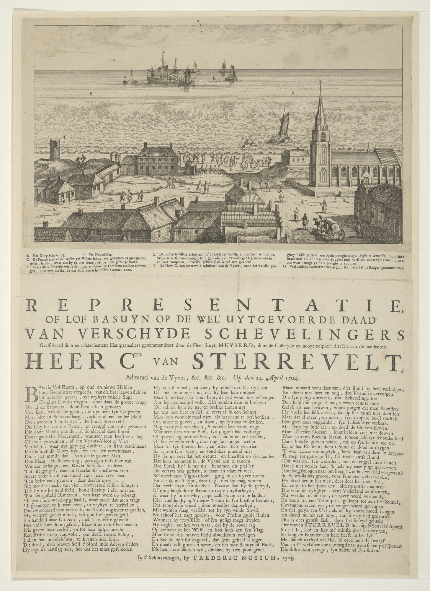 A.0671(05); Een Frans kaperschip voor de kust bij Scheveningen door een Hollands; prent