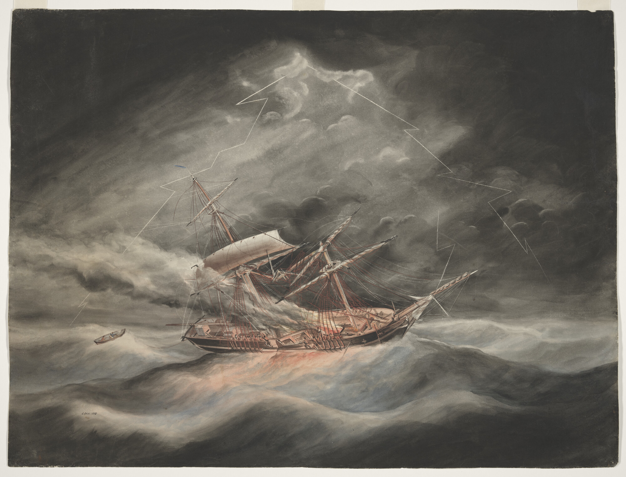 S.3929(01); Het brikschip Nijverheid getroffen door de bliksem; tekening