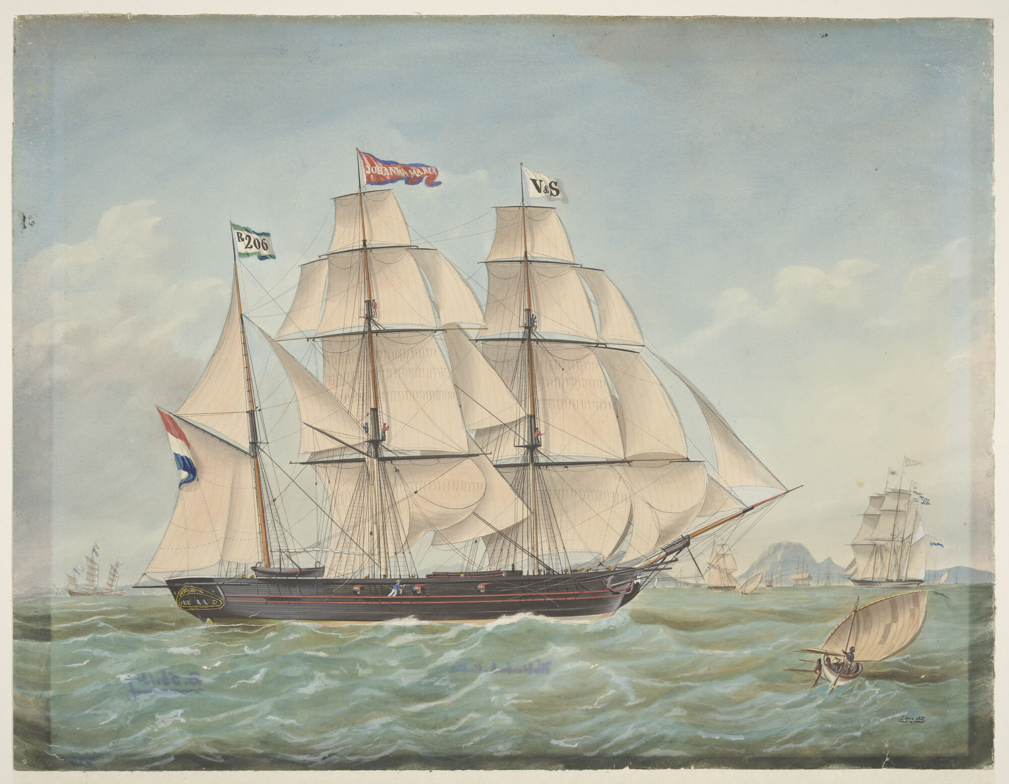 A.0813(06); Het barkschip Johanna Maria; tekening