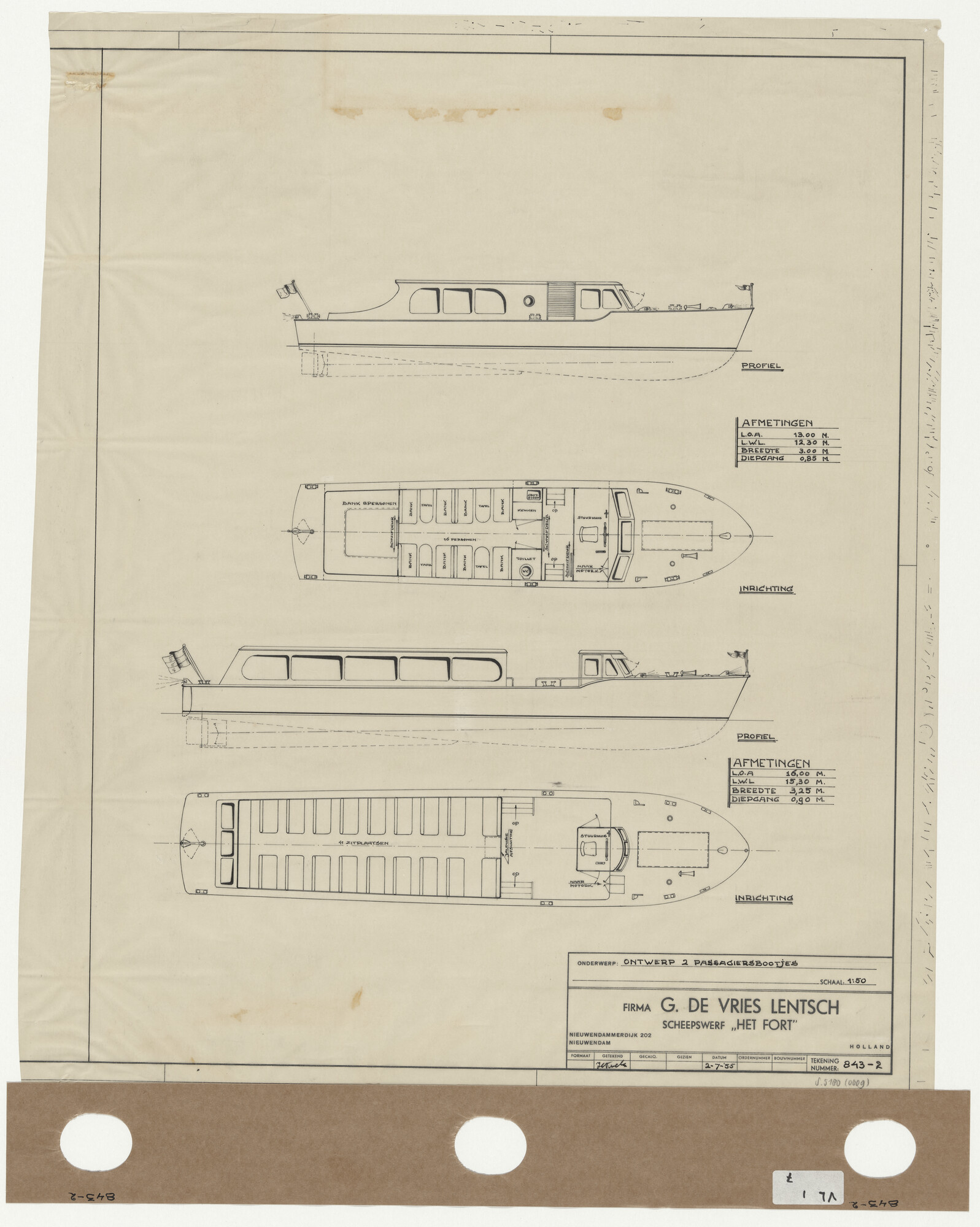 S.5180(0009); Ontwerp voor twee passagiersbootjes; technische tekening