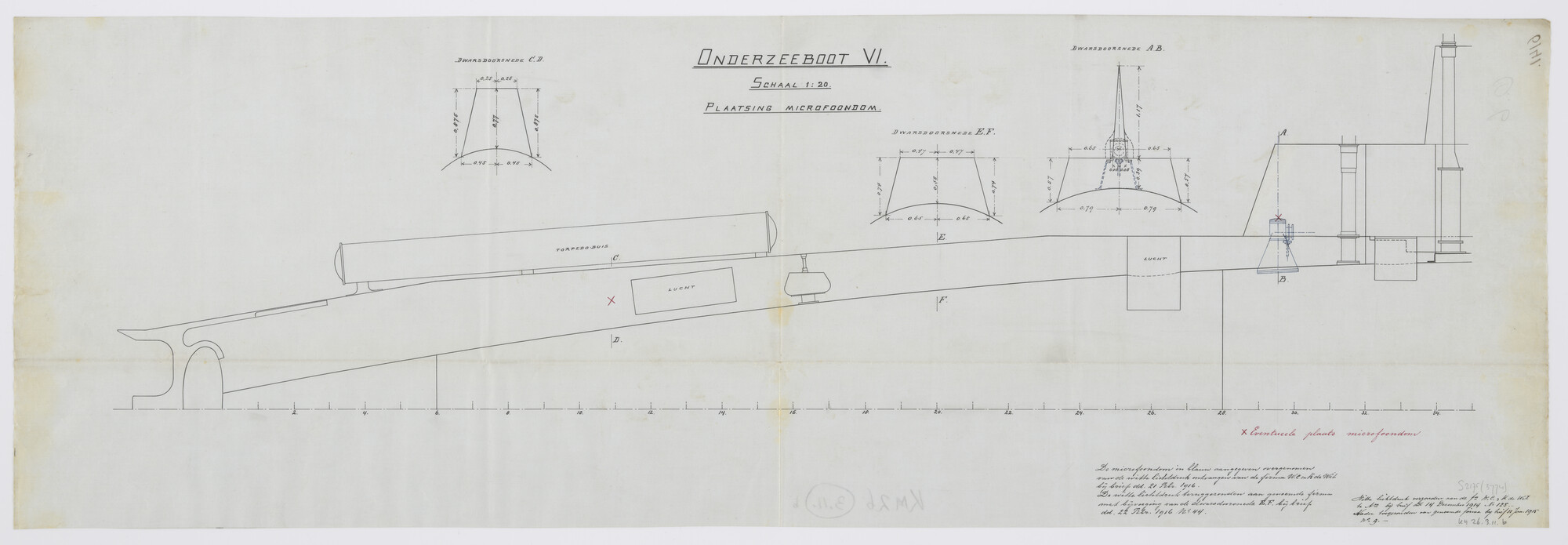 S.2175(3774); Microfoondom aan boord van de onderzeeboot Hr.Ms. 'O 6'; technische tekening
