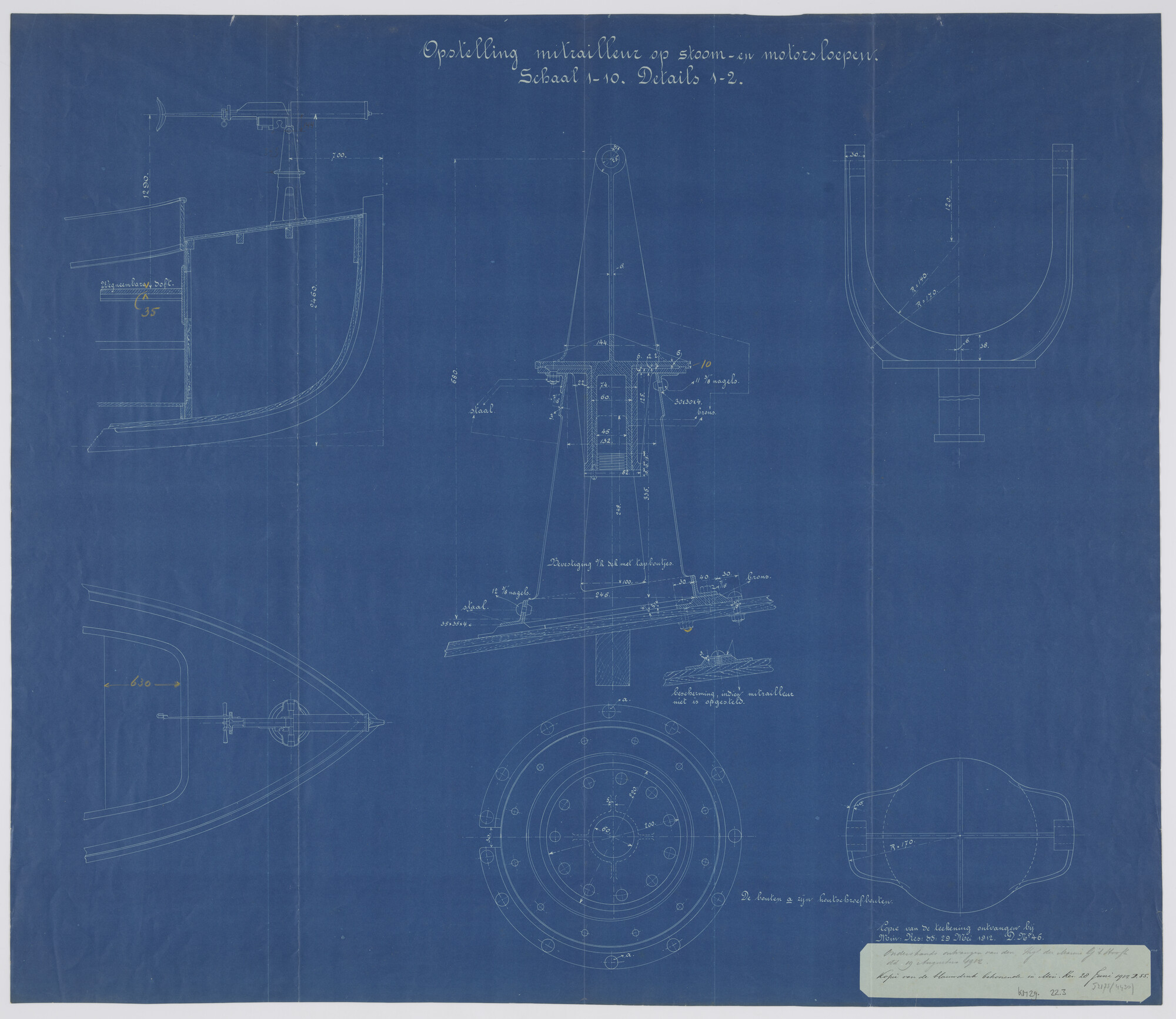 S.2175(4430); Opstelling mitrailleur op stoom- en motorsloepen; technische tekening