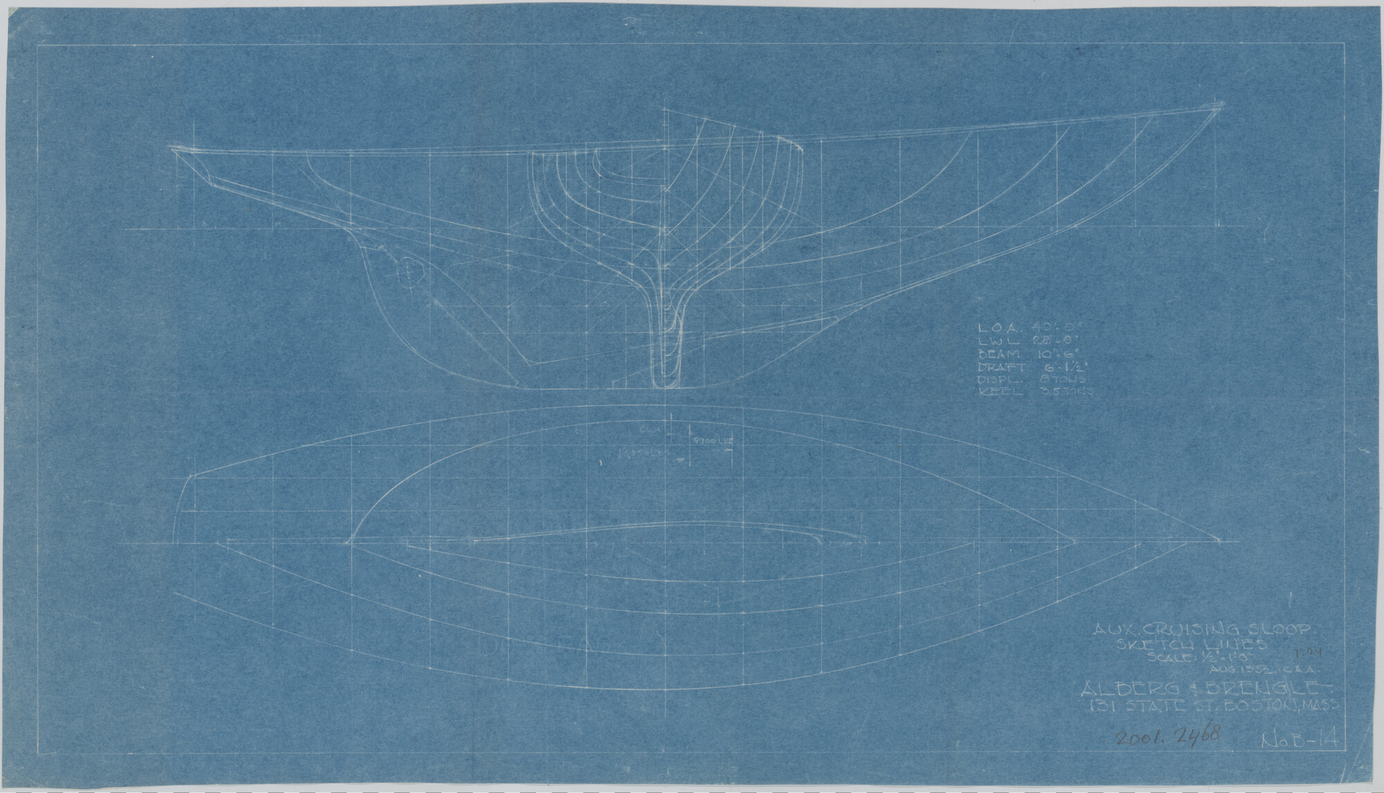 2001.2468; Schets lijnenplan van een zeiljacht (aux cruising sloop); technische tekening