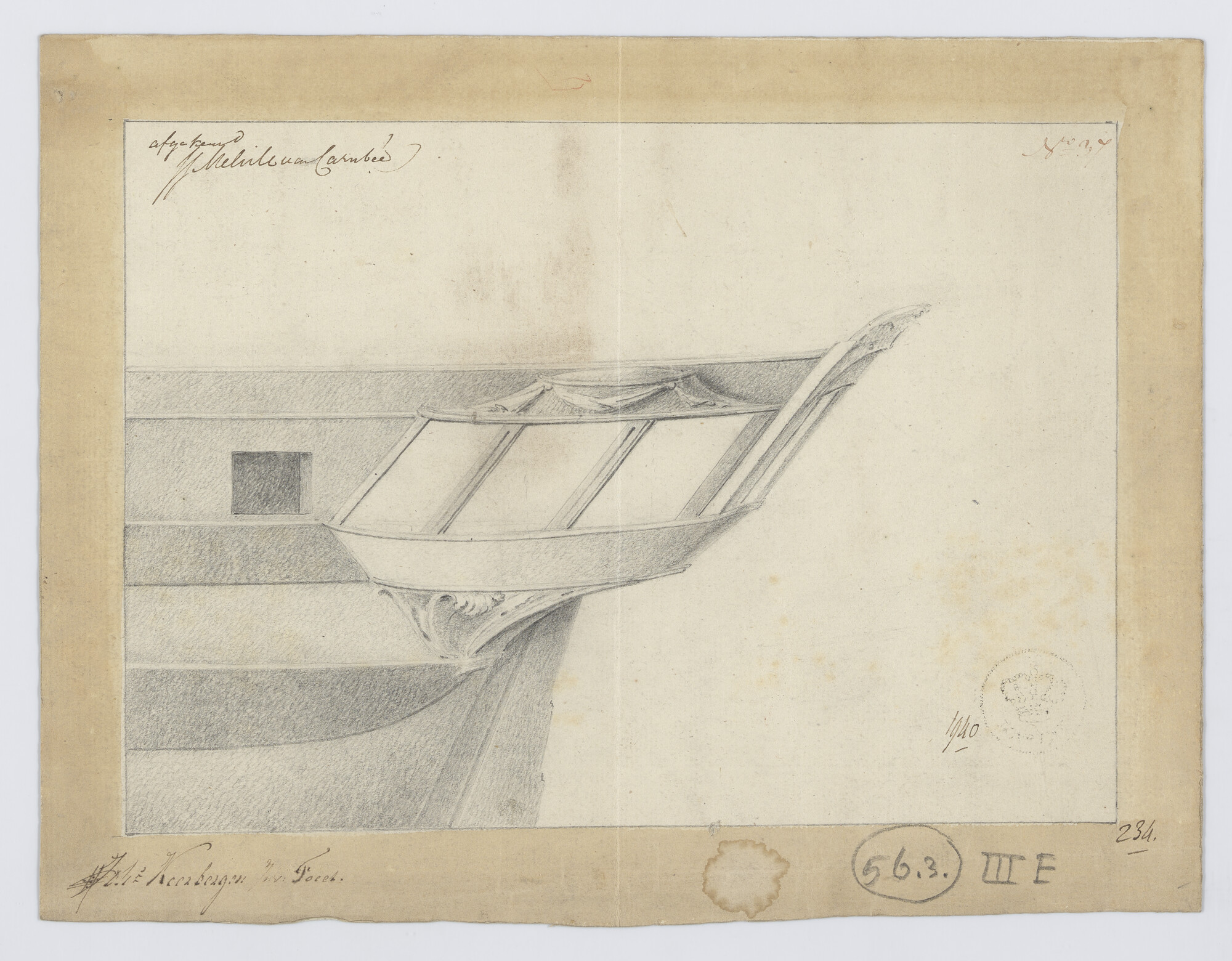 2016.0123; Ontwerp voor de  zijgalerij van een schip; technische tekening