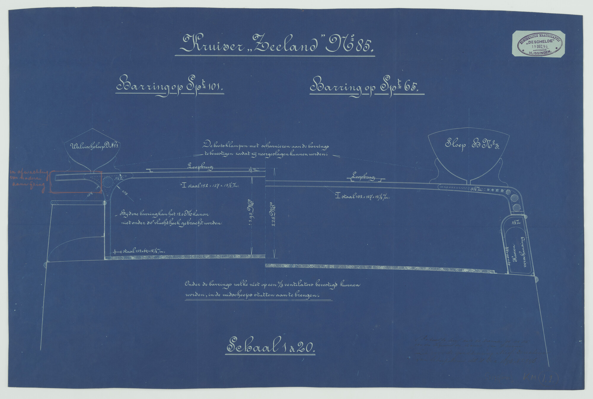 S.2175(0002); Dwarsdoorsnede op spant nr 101 en spant nr 65 van het pantserdekschip Hr.Ms. Zeeland; technische tekening