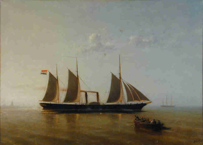 A.0060(03); Het raderstoomschip 1e klasse Zr.Ms. Valk varend onder stoom en zeil; schilderij