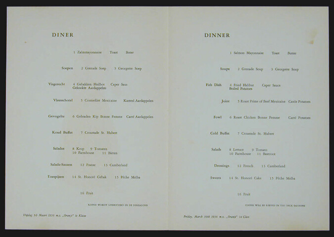 1994.6733; Menukaart voor een diner a/b ms. 'Oranje' van de SMN, 30 maart 1956; menukaart
