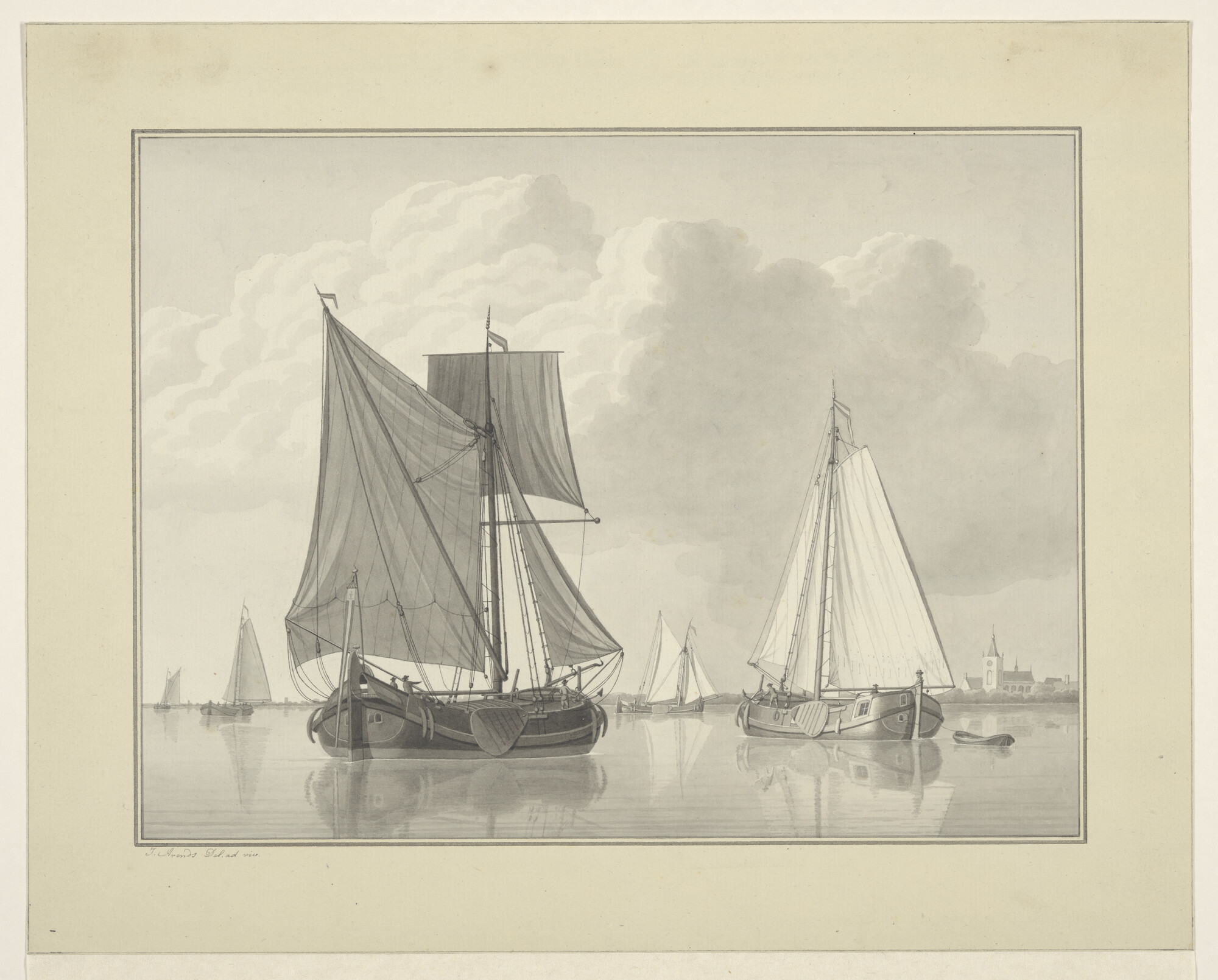 A.1238(11); Riviergezicht met een hektjalk en een paviljoenpoon; tekening
