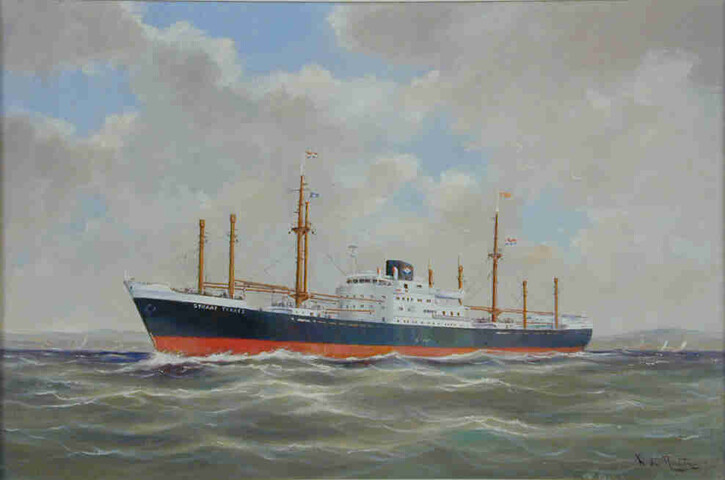 1997.3102; Het vrachtschip ms. Straat Torres van de Koninklijke Java-China-Paketvaart Lijnen; schilderij