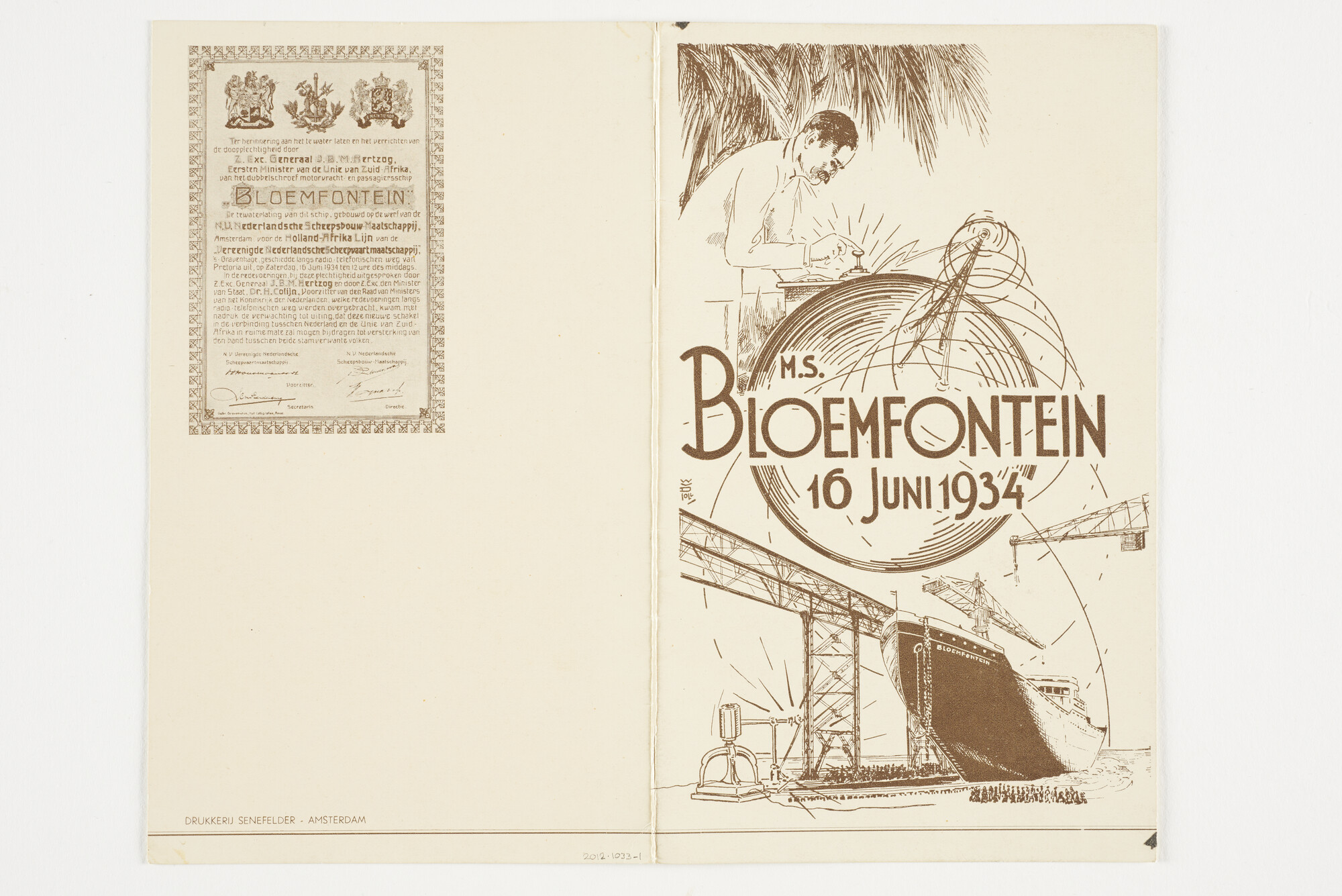 2012.1033-1; Uitnodiging voor het bijwonen van de doop van ms. Bloemfontein; uitnodiging