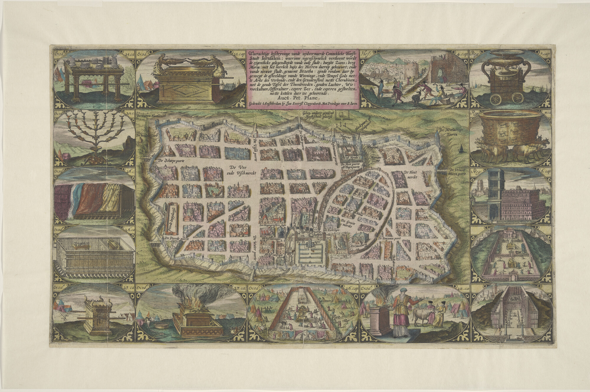 S.2960f; Met de hand gekleurde kaart van Jerusalem door Petrus Plancius (1552-1622); landkaart