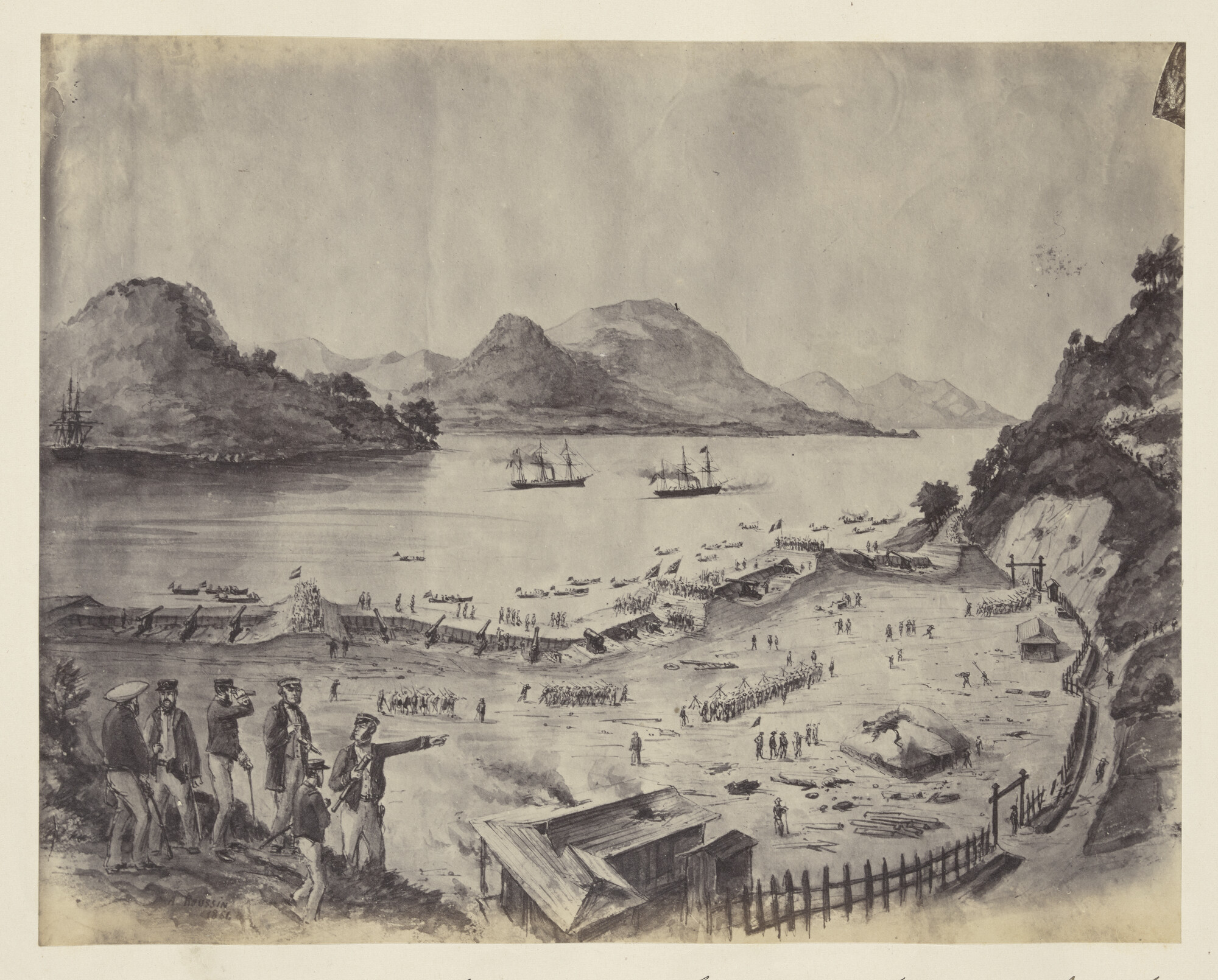 S.3628(04)018; Foto van een tekening van de inbeslagname van de derde kustbatterij door begeleidingsschepen van de Franse en Engelse Admiraliteit; foto
