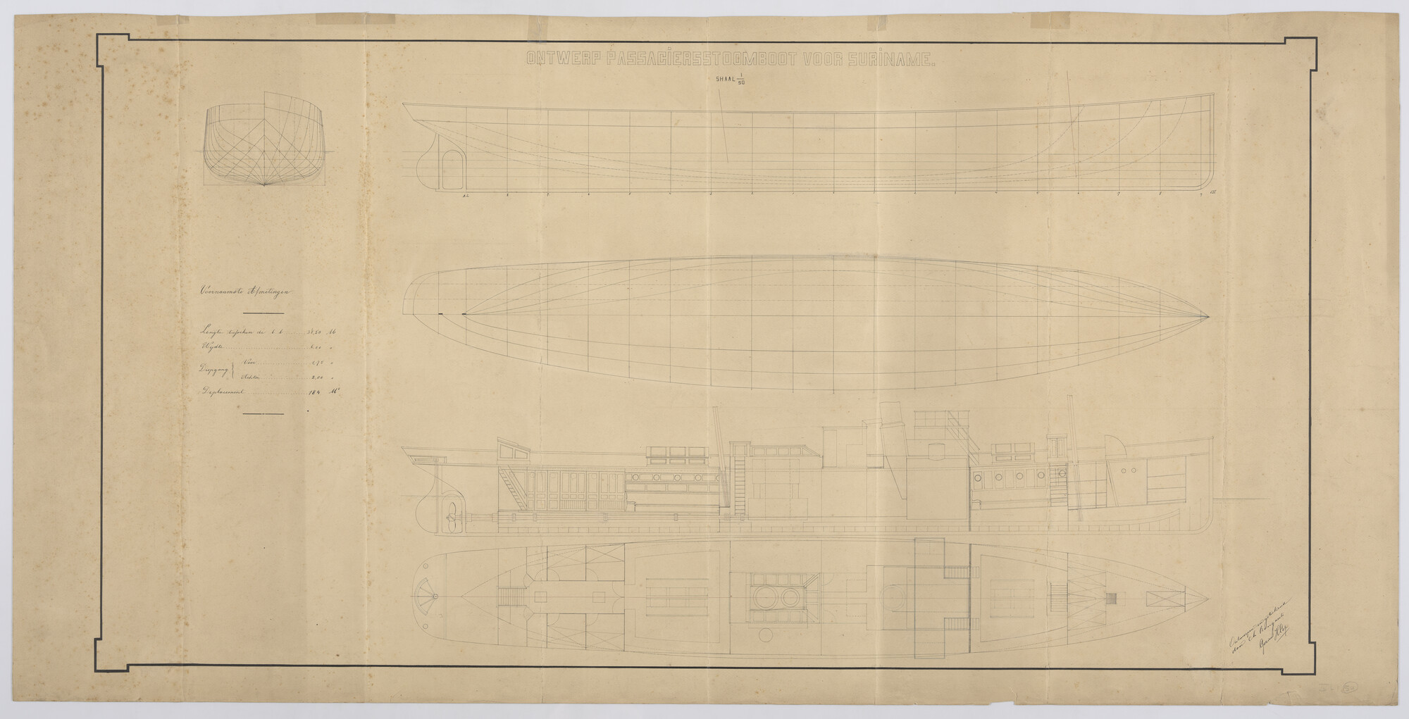 S.2188(04); Lijnentekeningen, zijaanzicht, langsdoorsnede, bovenaanzicht van een [.]; technische tekening