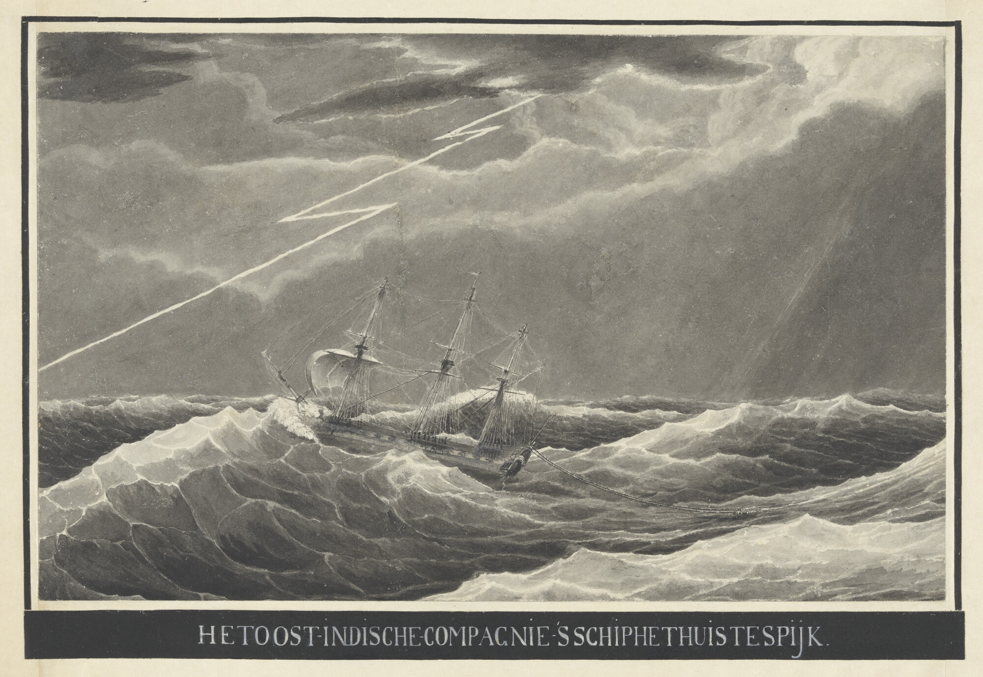 A.1367(05)23; Het retourschip 'Huis Te Spijk' lenzend voor de wind; tekening