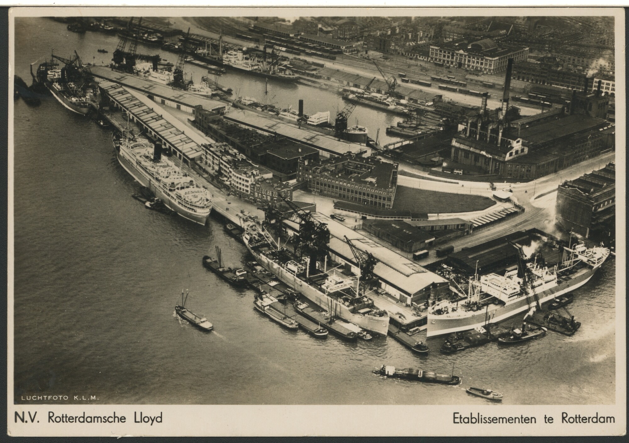 1989.0079; Luchtfoto van de etablissementen van de Rotterdamsche Lloyd te Rotterdam; prentbriefkaart