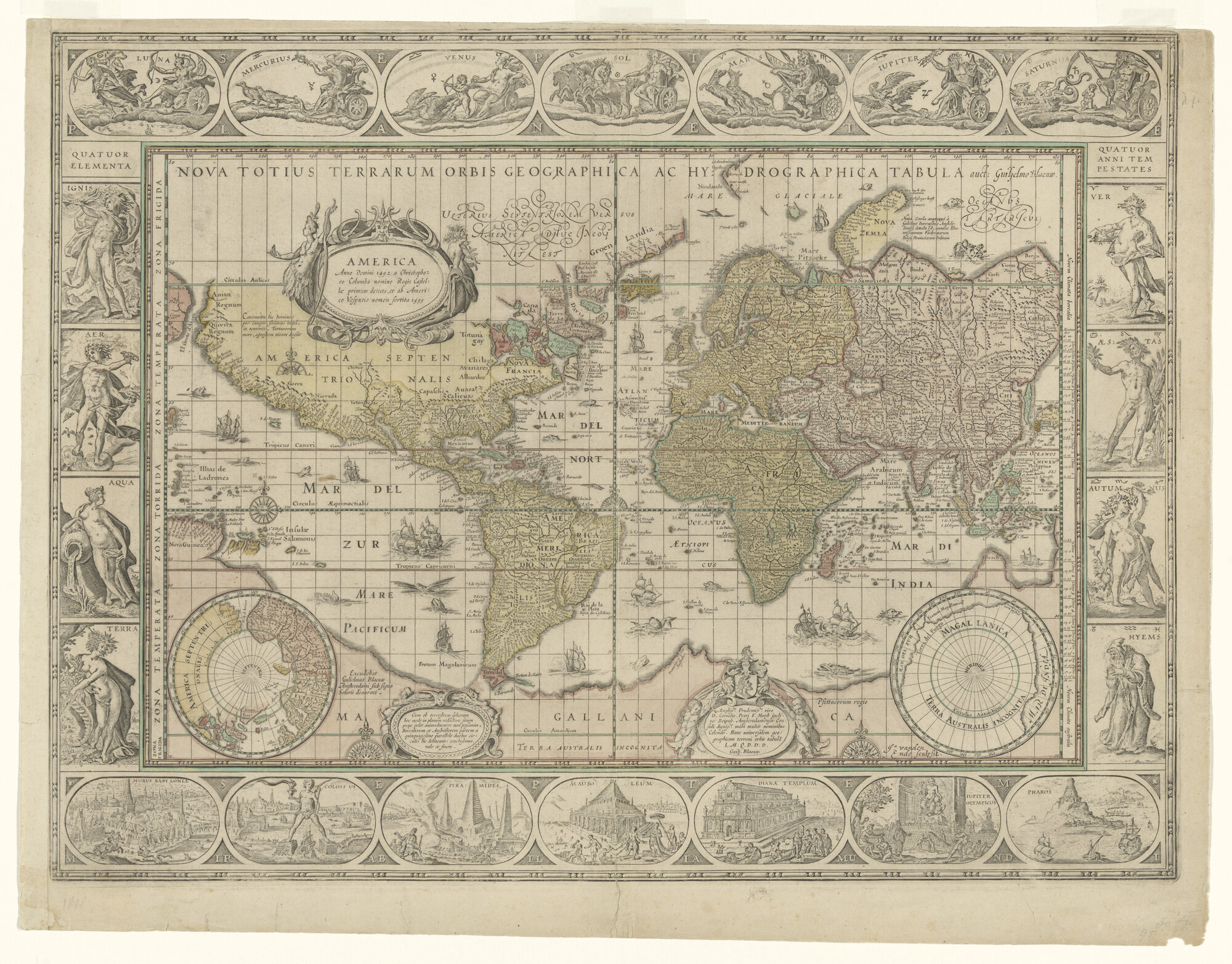 A.0145(211)036; Met de hand gekleurde wereldkaart gegraveerd door Josua van den Ende (circa 1584 - 1634); wereldkaart