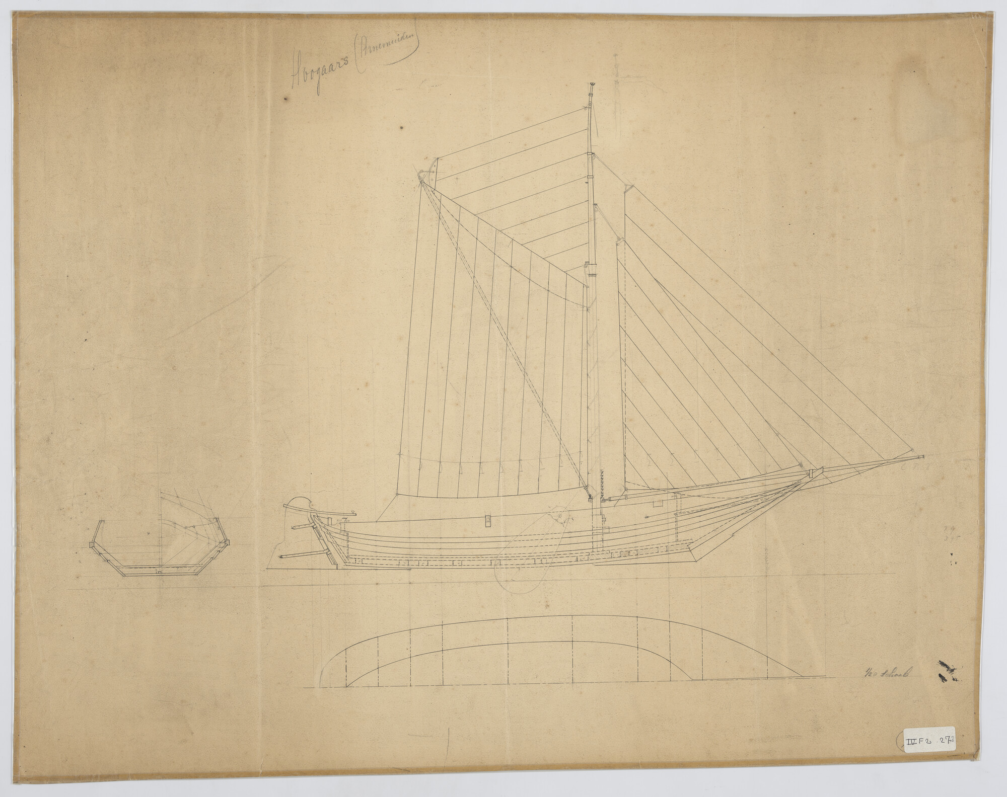 S.2112(02); Zijaanzicht, tuigtekening, doorsnede grootspant van een hoogaars; technische tekening