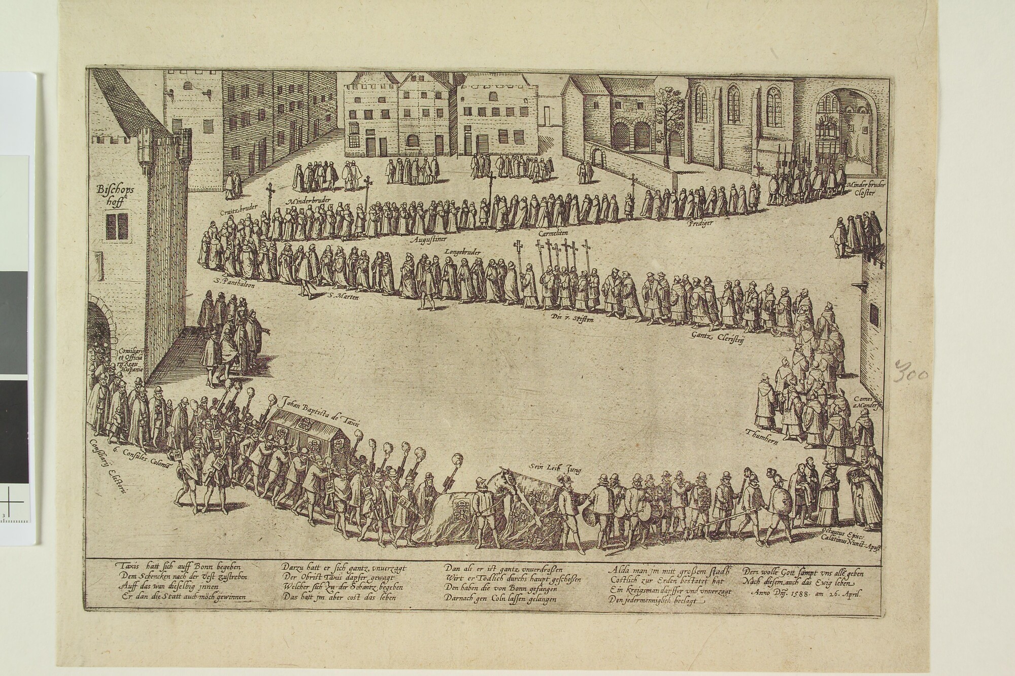 A.0145(027)283; Taxis, in het beleg van Bonn gesneuveld, wordt te Keulen begraven, 26 april; prent