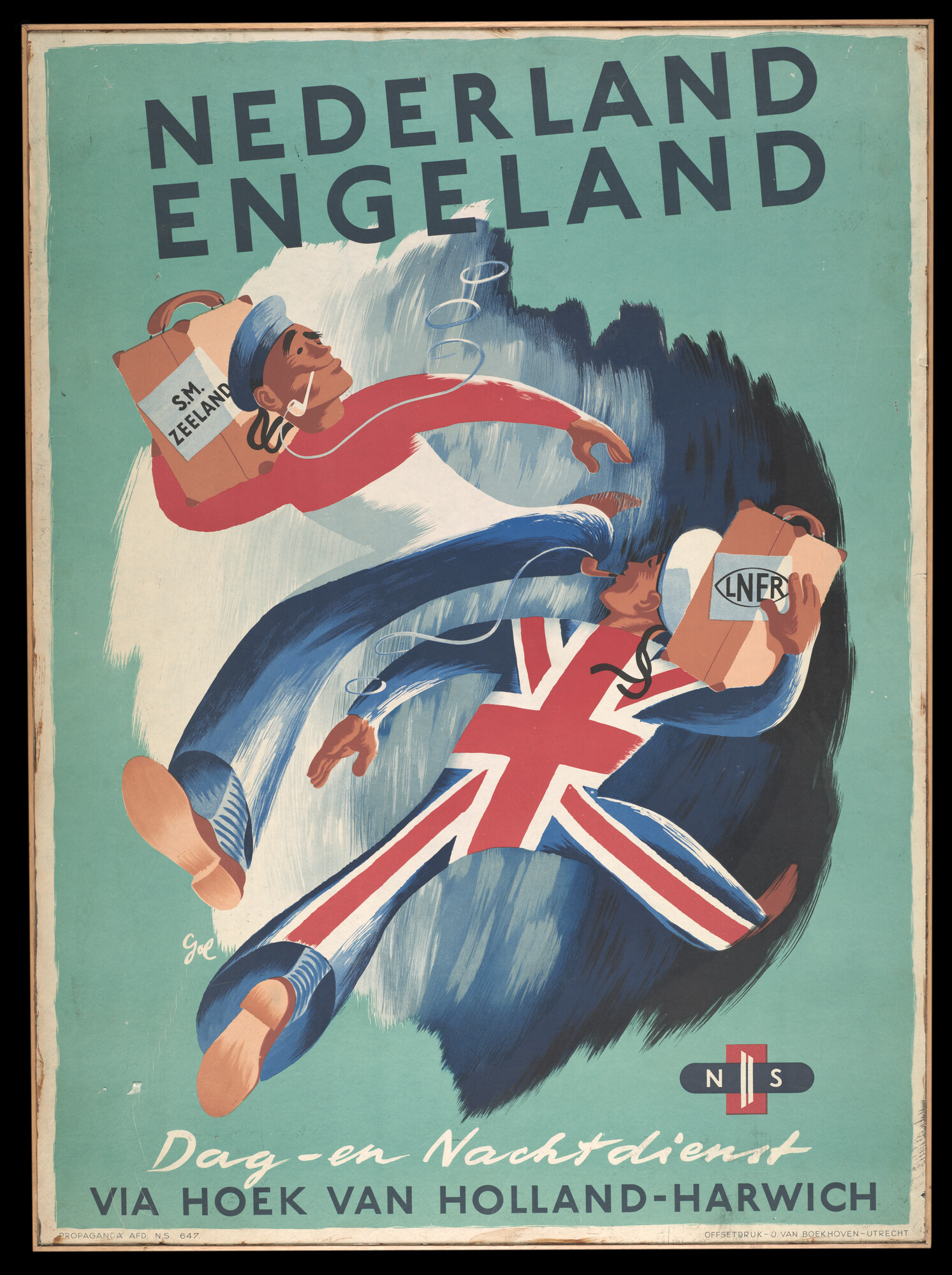 S.4642(05); Affiche van de Nederlandse Spoorwegen voor de lijndienst Hoek van Holland-Harwich van Stoomvaart Maatschappij Zeeland; affiche