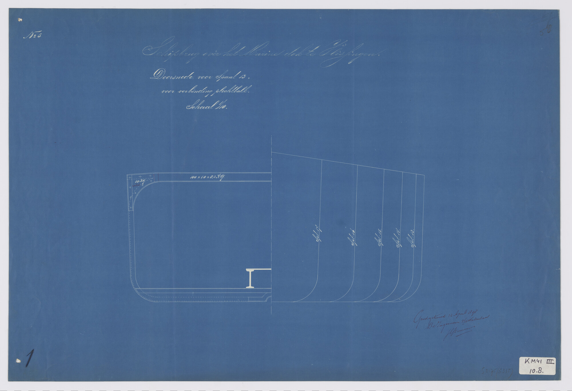 S.2175(5335); Doorsnede verbinding plechtbalk van een brugschip uit de schipbrug over het Marinedok bij de Koninklijke Maatschappij 'De Schelde' te Vlissingen; technische tekening