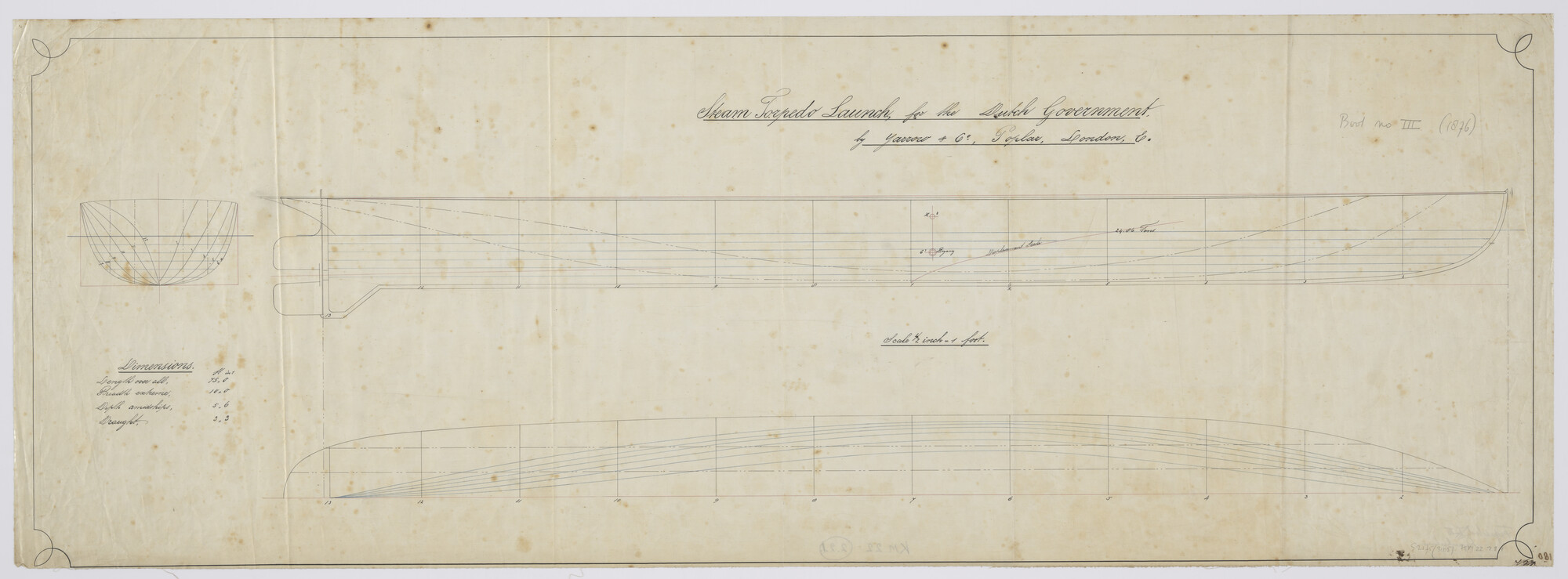 S.2175(3105); Lijnentekening en spantenraam met overzicht van de voornaamste gegevens van spartorpedoboot Zr.Ms. III; technische tekening
