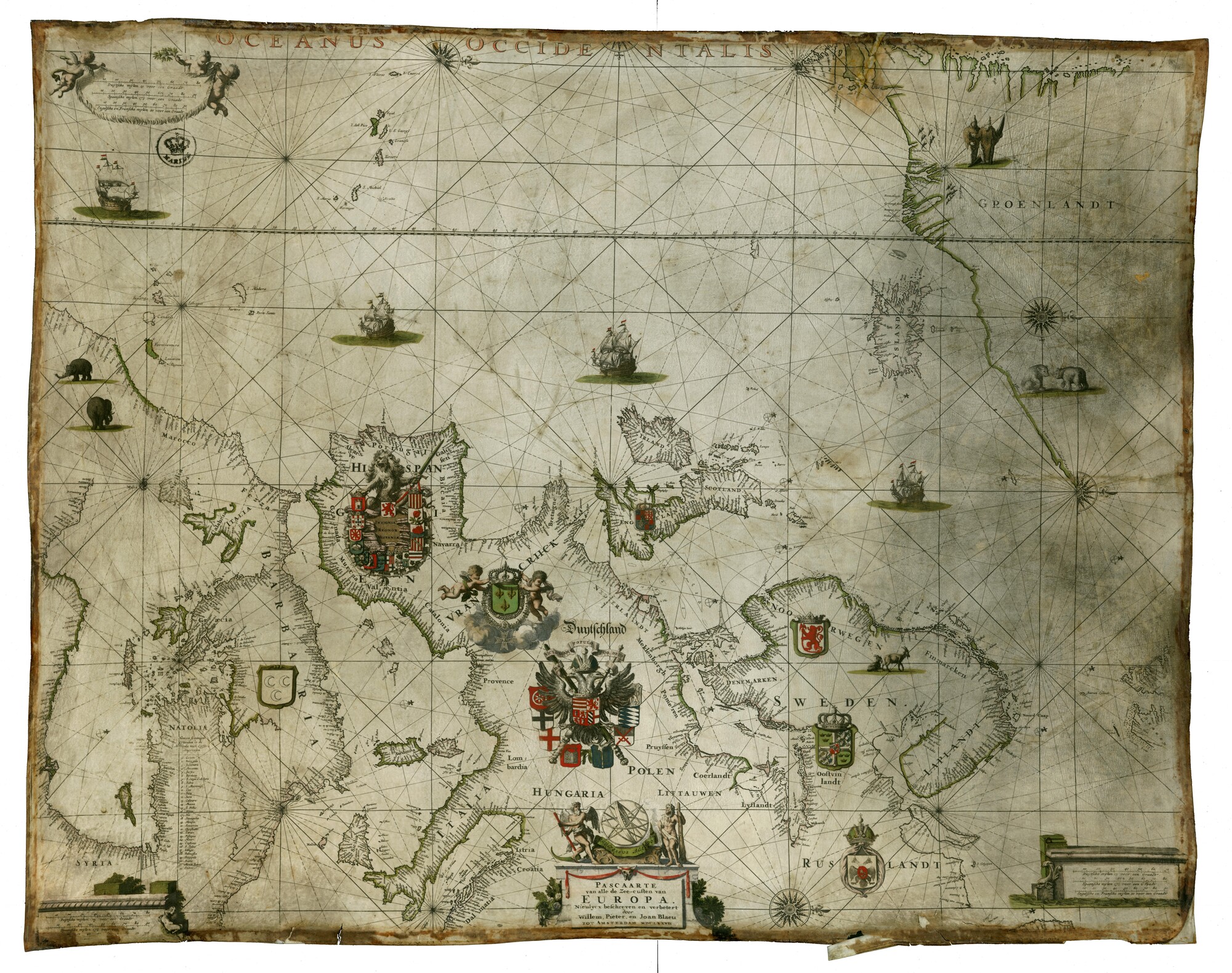 S.0860(03); Met de hand gekleurde, gedrukte Europese paskaart door Willem, Pieter & Joan Blaeu; perkamentkaart