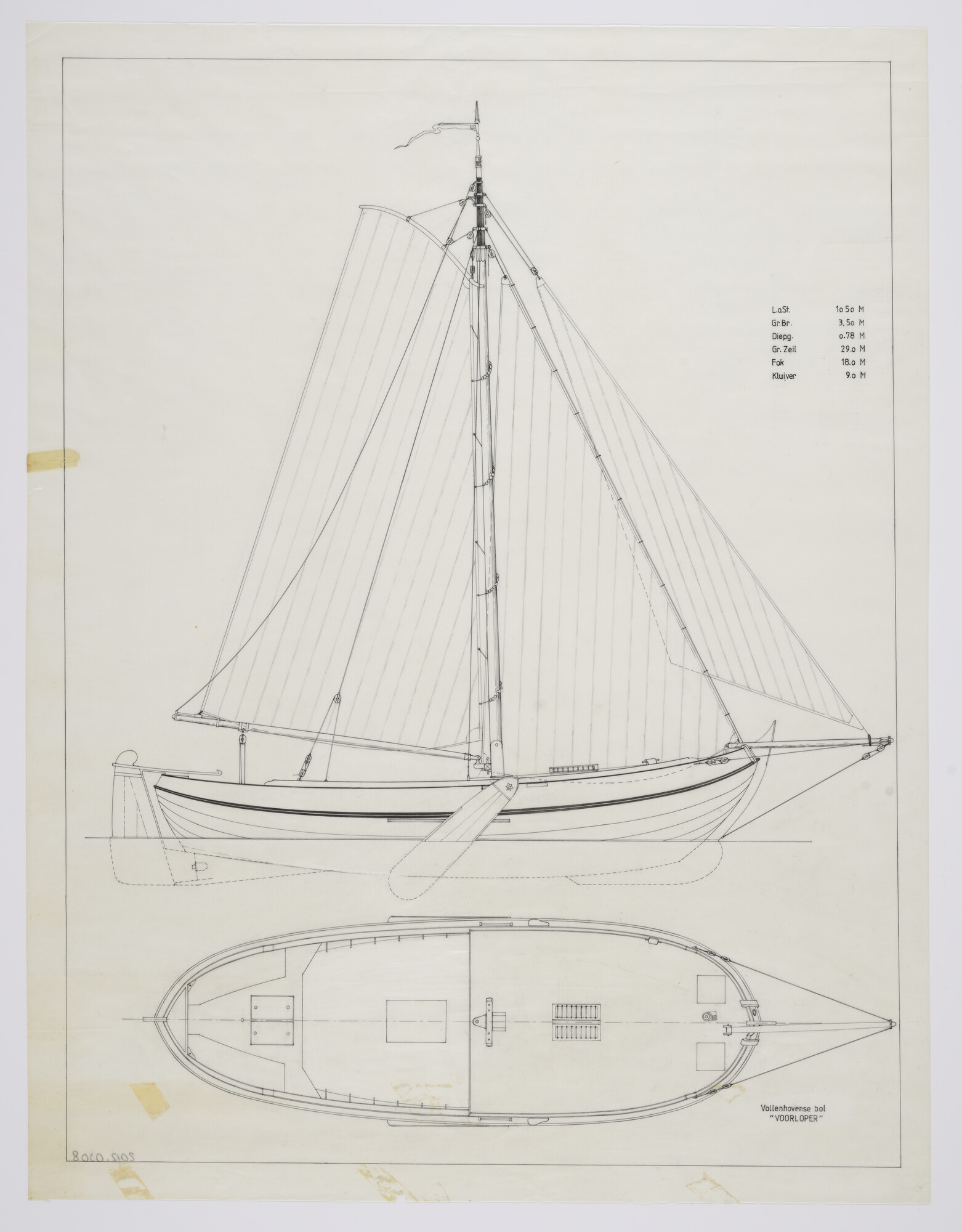 2012.0308; Algemeen plan van de Vollenhovense bol 'Voorloper' van 10.50 m; technische tekening