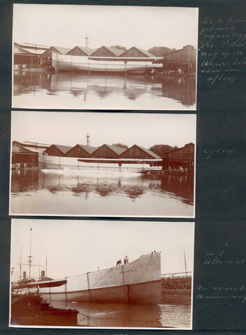 2001.1111; Blad uit een fotoalbum, met 5 fotos van de marinewerf te Soerabaja, een [...]; fotoalbum