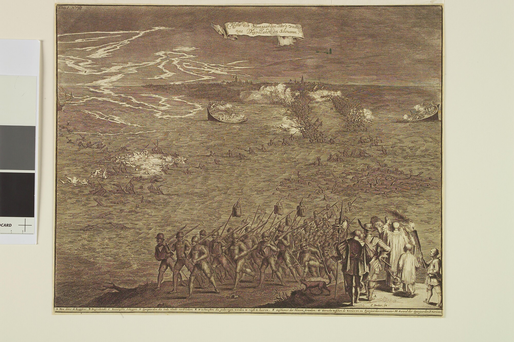 S.0309(04); De tocht van de Spanjaarden door het water naar Duijvelandt en Schouwen; prent