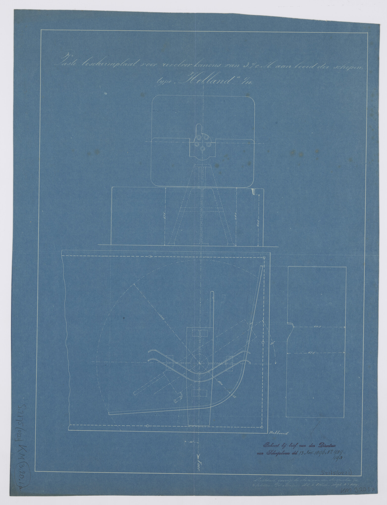 S.2175(0221); Vaste beschermplaat voor revolverkanons van 3.7 cm van de scheepsklasse van [.]; technische tekening