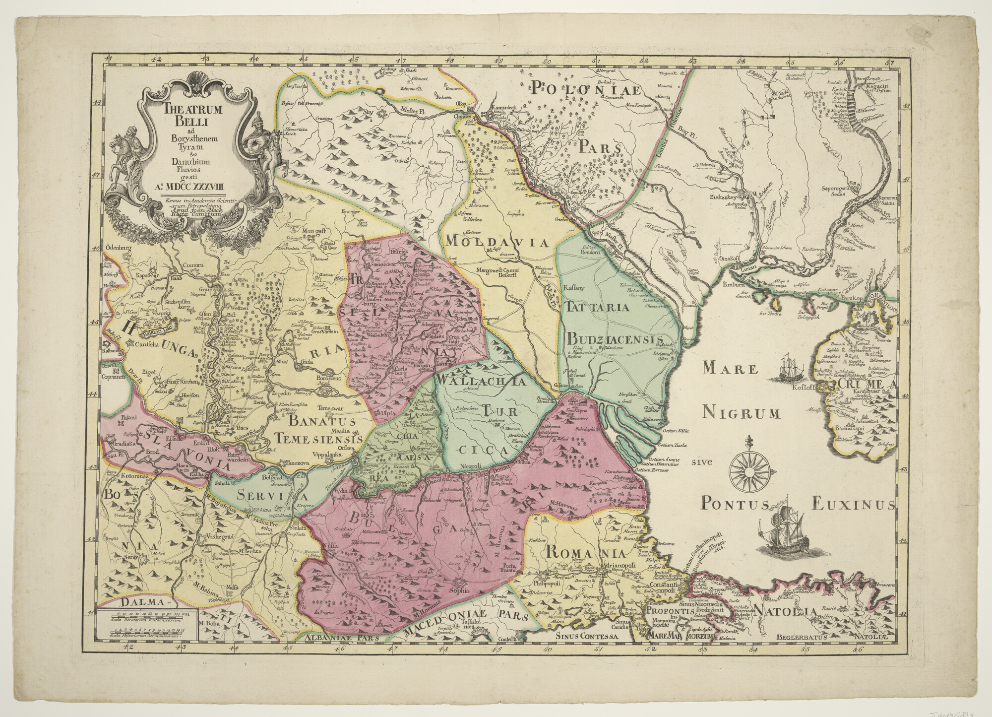 S.0183(18)3; Met de hand gekleurde kaart van de landen rond de Donau, waarop de oorlog tussen Rusland en Turkije in 1737 - 1738 is afgebeeld; landkaart