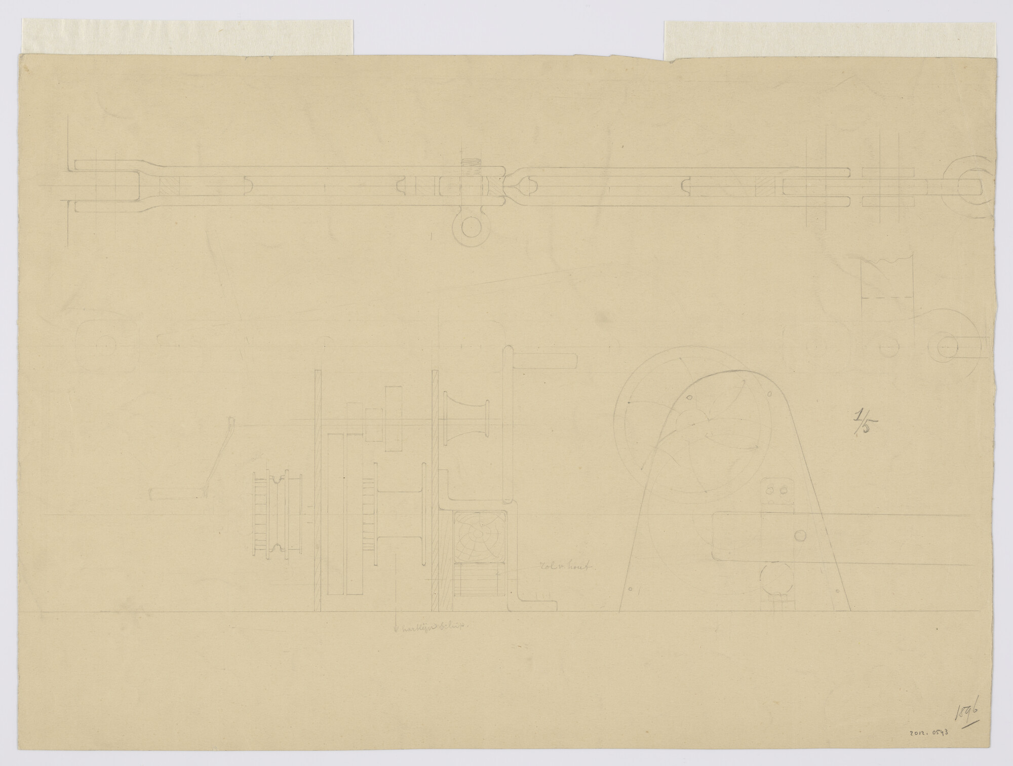 2012.0543; Lijnenplan van een sloep van 3.30 meter in recto. Ankermachine met details in verso; technische tekening