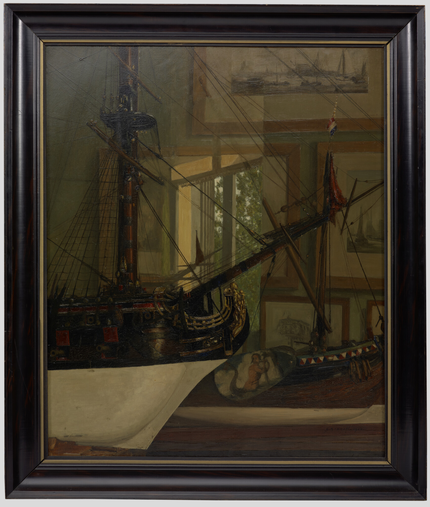 A.3615(01); Kamer in Museum Fodor te Amsterdam met scheepsmodellen van het Nederlandsch Historisch Scheepvaart Museum; schilderij