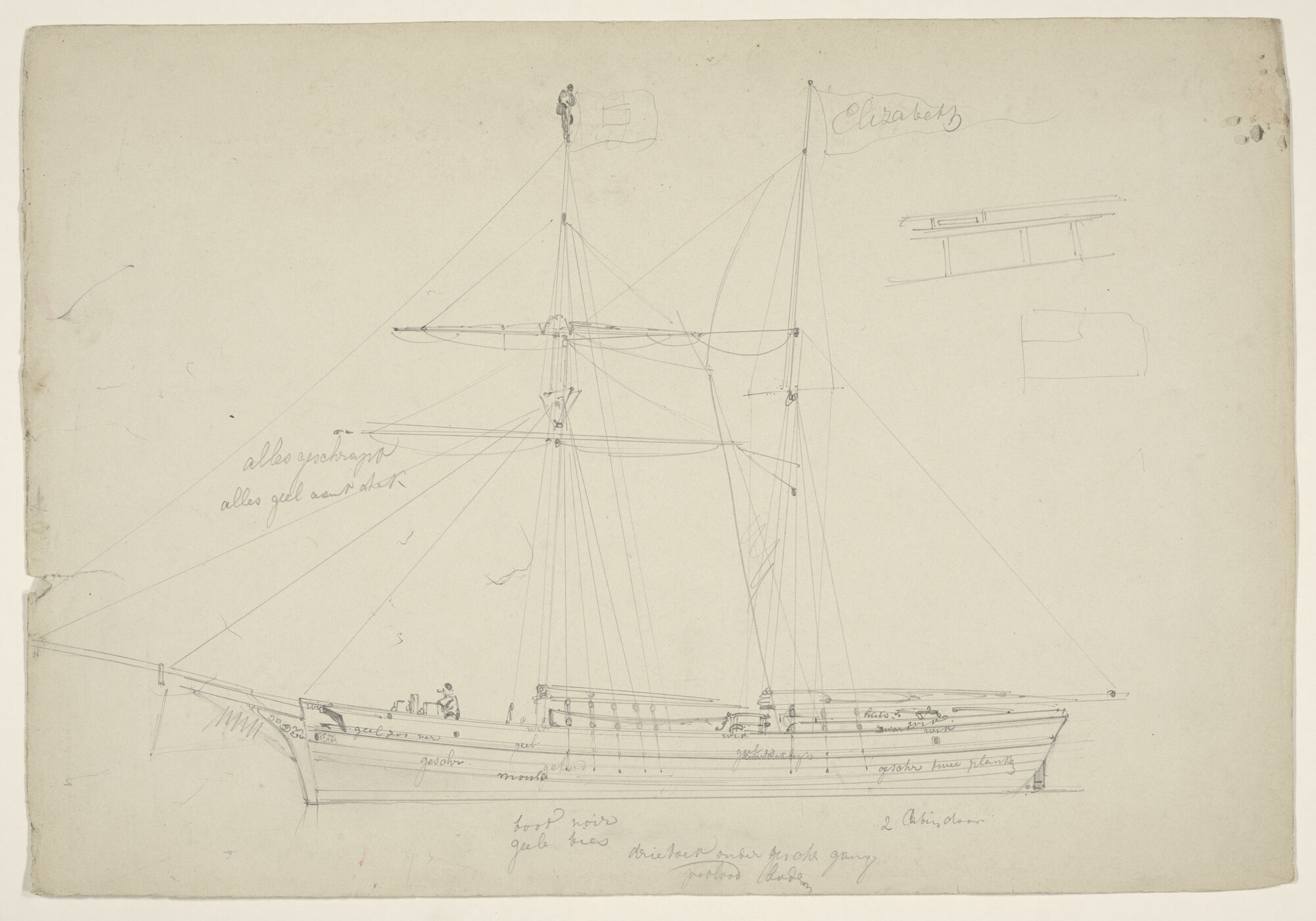 S.3107(07)194; Schets van een tweemastzeilschip met in de rechter mast een wimpel met de naam 'Elizabeth'; tekening