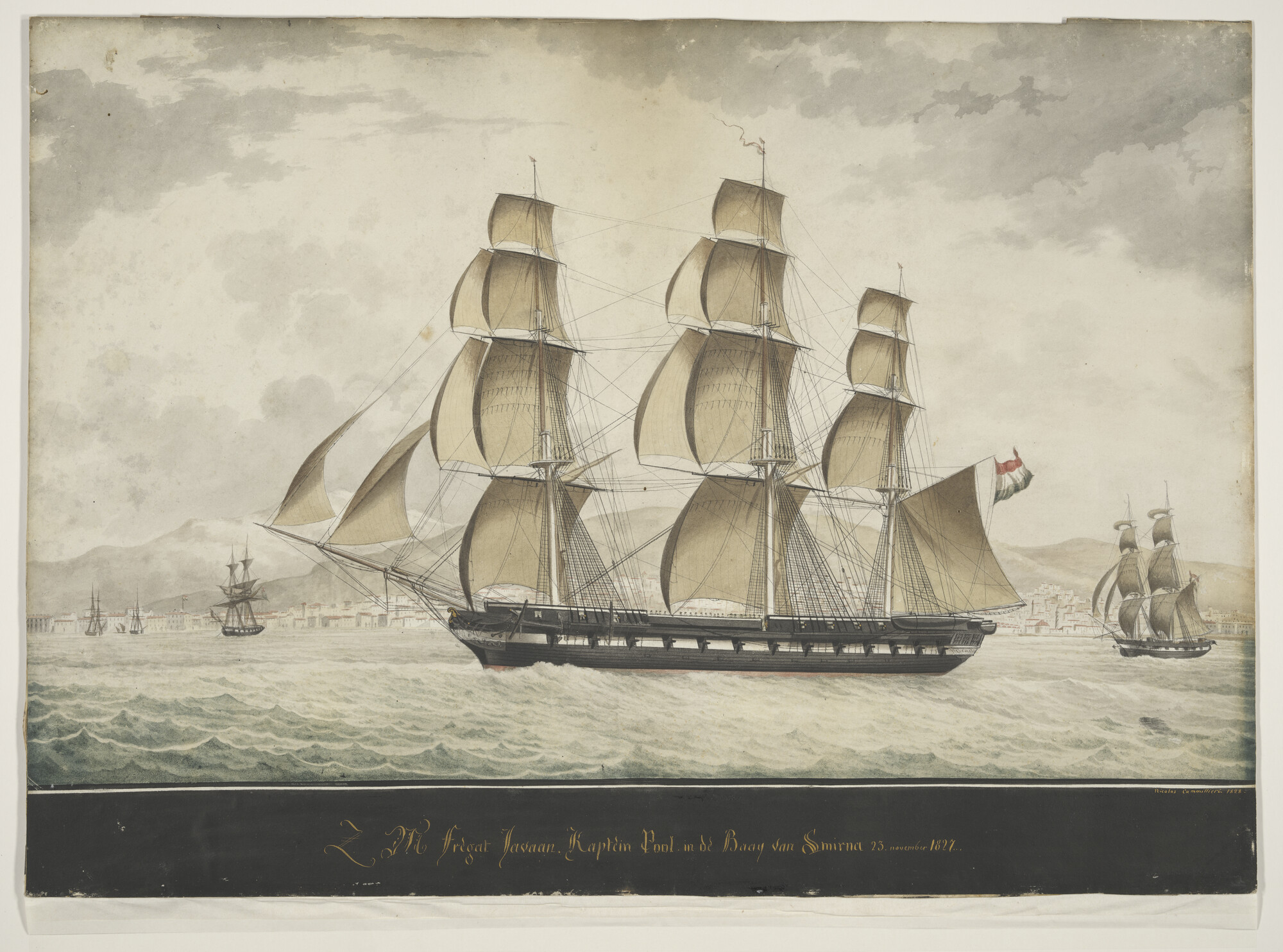 A.1733(03); Het fregat Zr.Ms. Javaan zeilend in de baai van Smirna; tekening