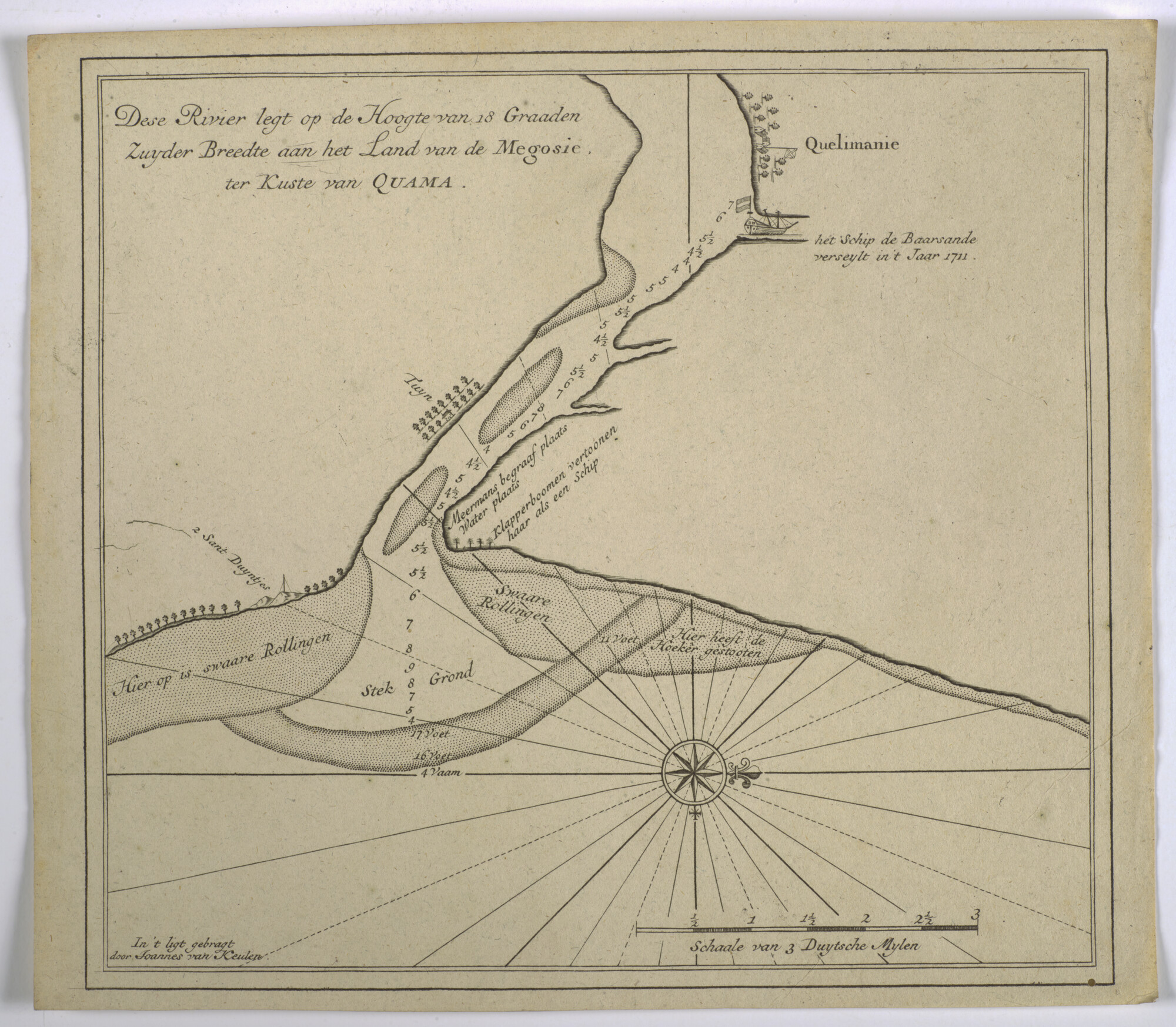 S.0966(04); Detailkaart van de monding van de rivier en het gelijknamige dorpje Quelimanie in Quama (nu Quelimane in Mozambique); kaart