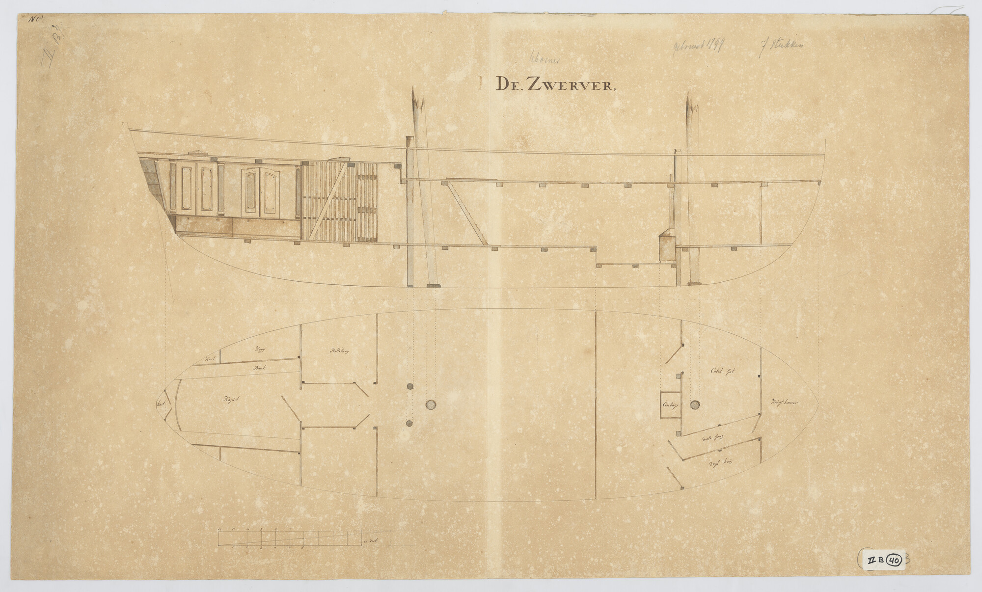 A.0149(0909); Indelingsplan van de schoener 'De Zwerver' met 7 stukken; technische tekening