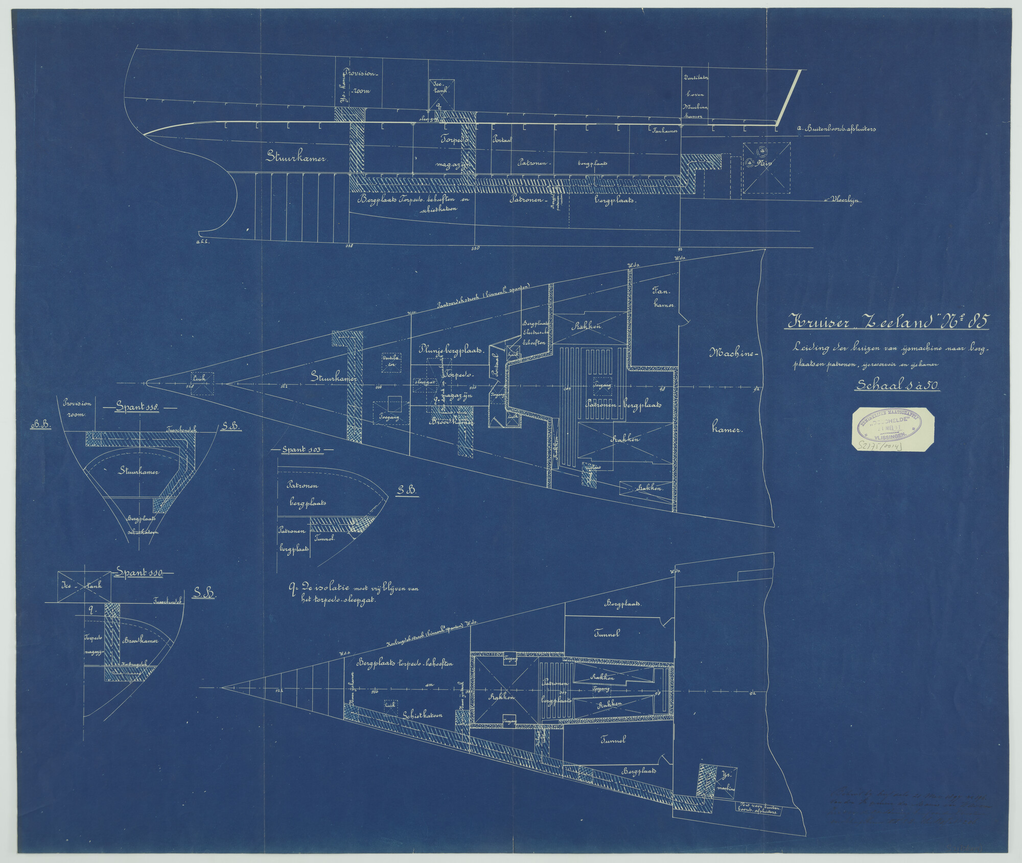 S.2175(0014); Koelleidingen achterschip van het pantserdekschip Hr.Ms. 'Zeeland'; technische tekening