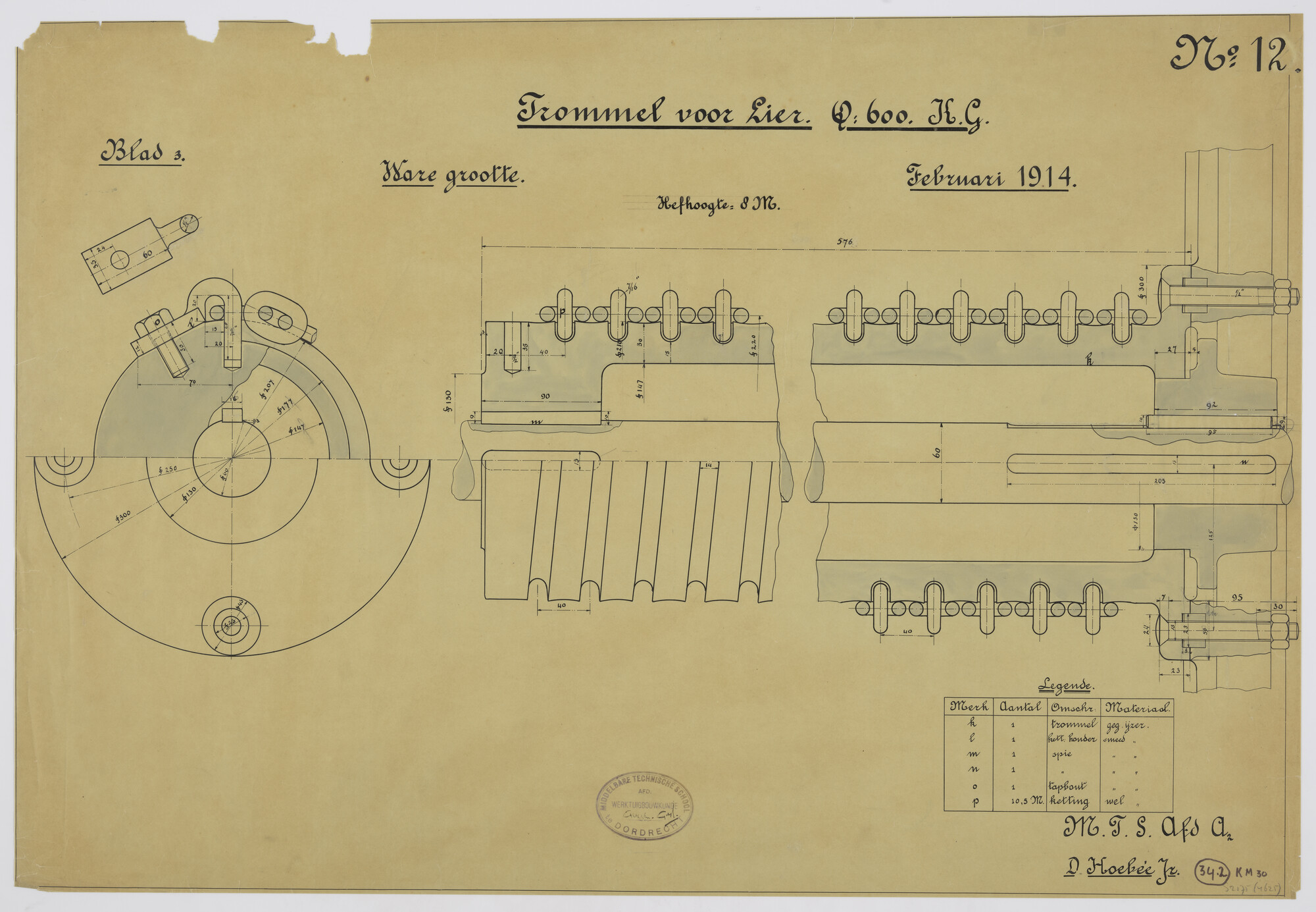 S.2175(4625); Trommel voor lier met enkele overbrenging; technische tekening