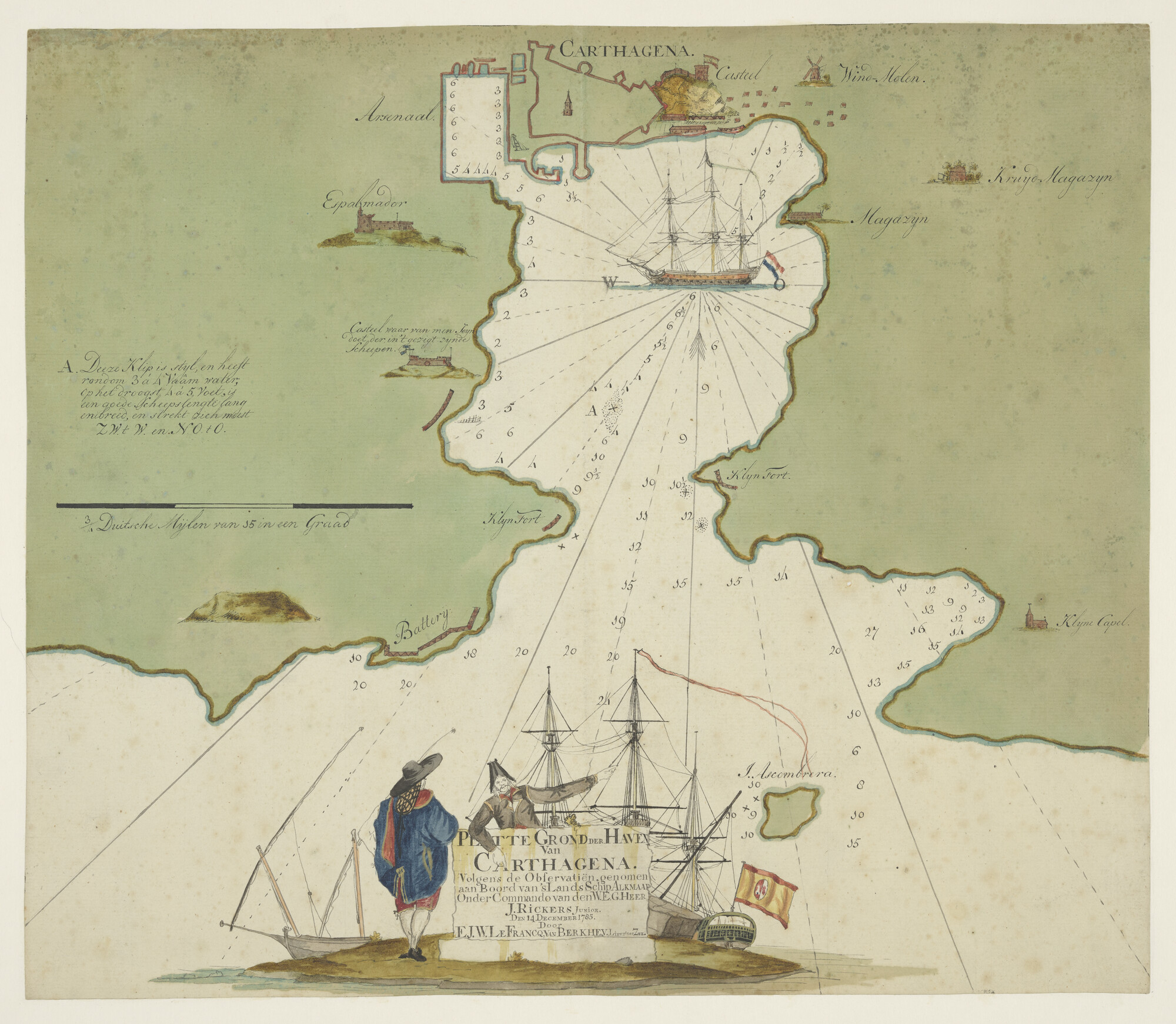 A.1744(01)c; Gekleurde handschrift plattegrond van de haven van Cartagena in Spanje; zeekaart