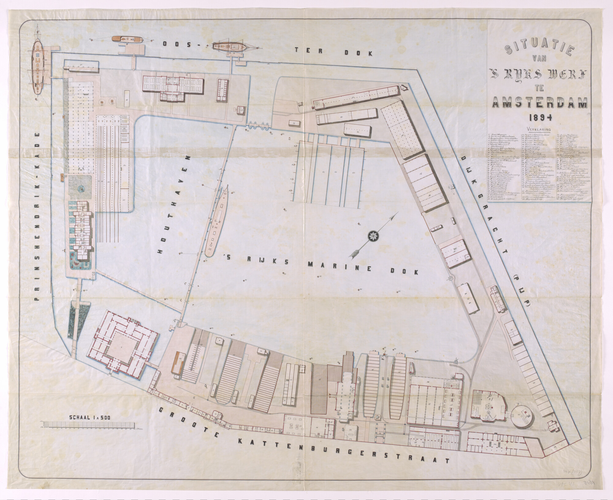 S.2175(5237); Plattegrond van de Rijkswerf te Amsterdam (1894) met uitvoerige Verklaring van gebouwen, hellingen, werkplaatsen, magazijnen, ligplaatsen Zr,Ms. 'Admiraal van Wassenaar', 'Vulkaan", het Wachtschip 'Prins Maurits der Nederlanden' en Zr.Ms. 'Anna Paulowna'; technische tekening