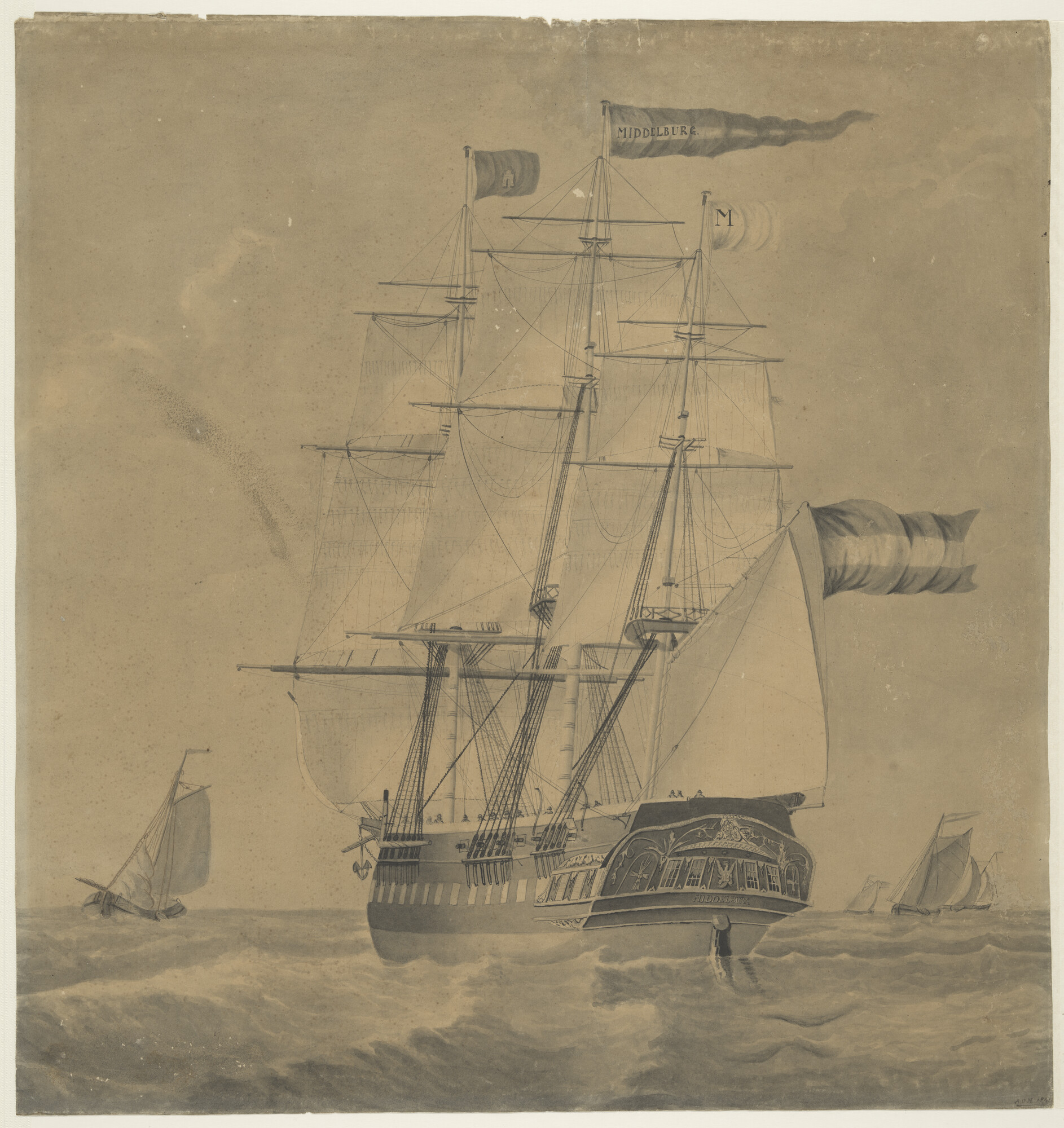 A.0852; Het fregatschip 'Middelburg'; tekening