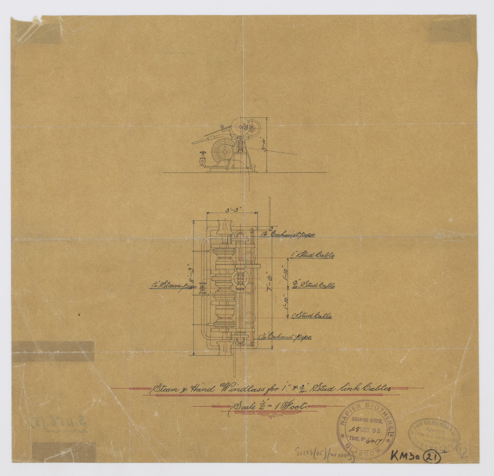 S.1156(05)0009; Horizontaal stoomankerspil voor ankerkabels 1" en 3/4" Napier Brothers Glasgow; technische tekening