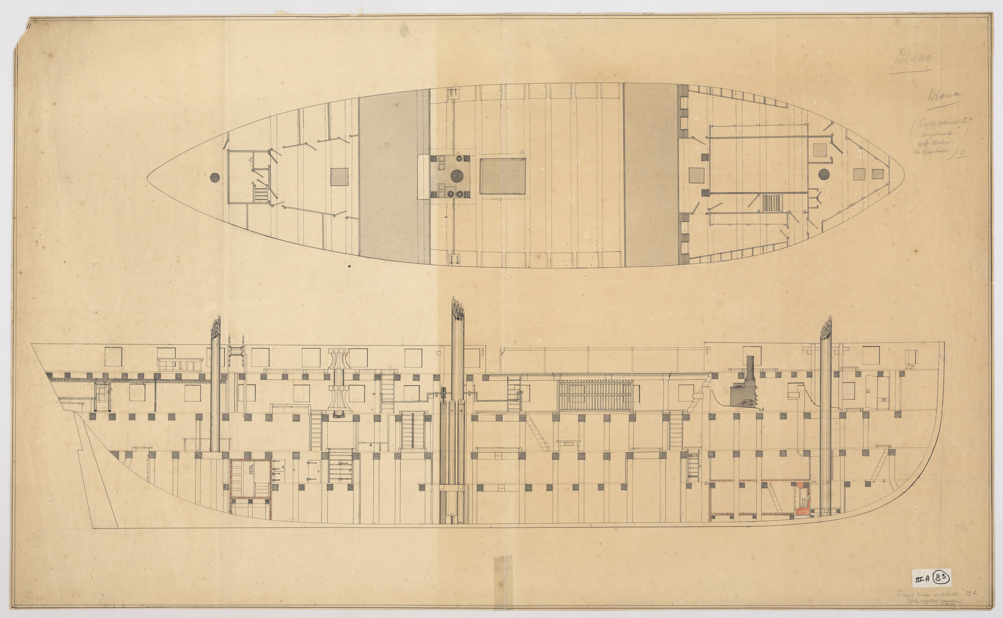 A.0149(0942); Constructietekening van het fregat 'Diana' van 46 stukken; technische tekening