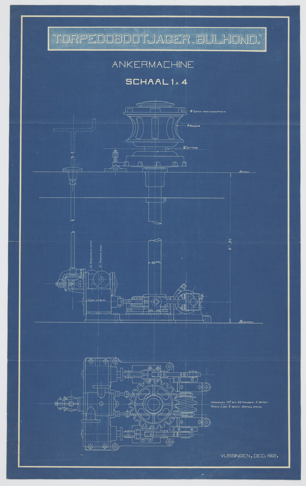 S.2175(3641); Langsdoorsnede en horizontale dwarsdoorsnede over stoomankermachine aan boord van de torpedobootjager Hr.Ms. 'Bulhond'; technische tekening